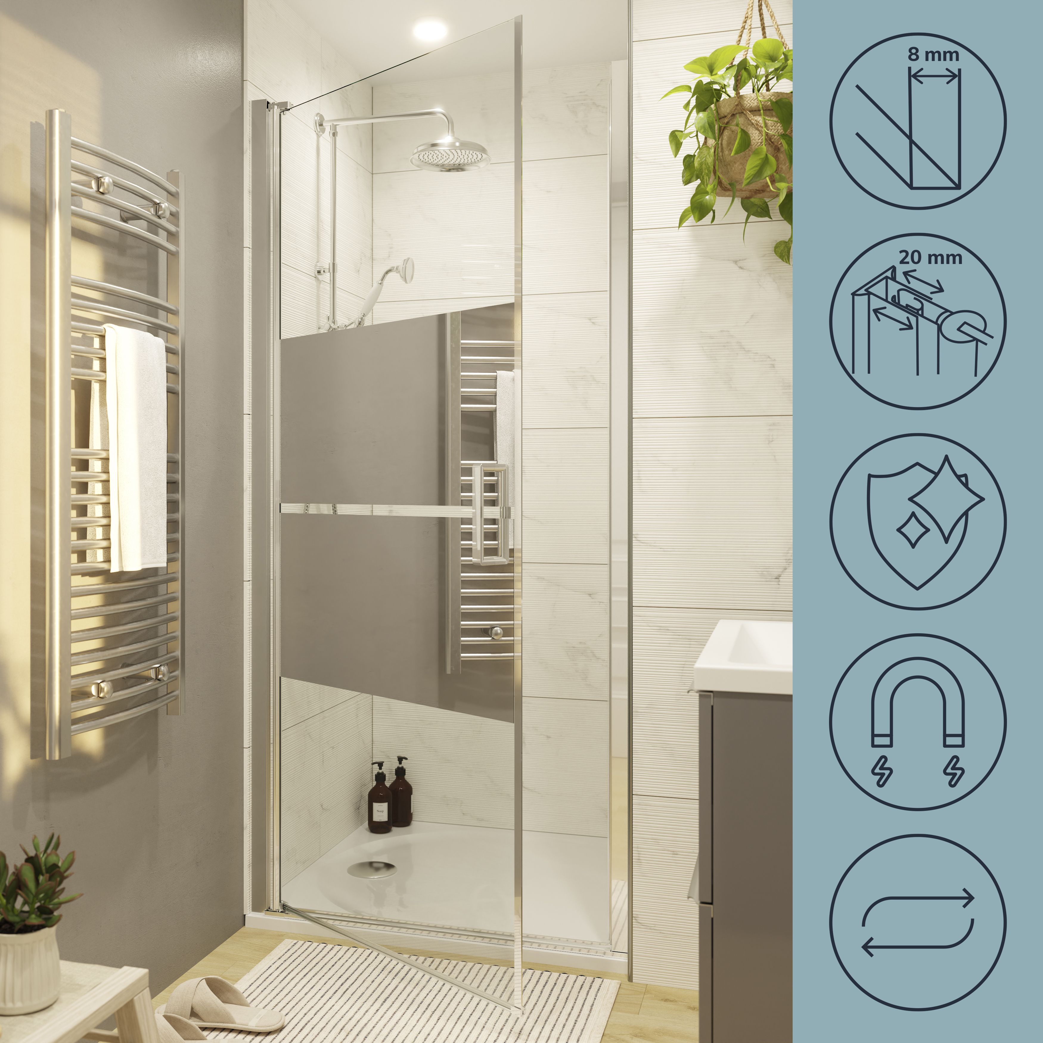 GoodHome Ledava Minimal frame Chrome effect Mirror Strip Pivot Shower door (H)195cm (W)80cm