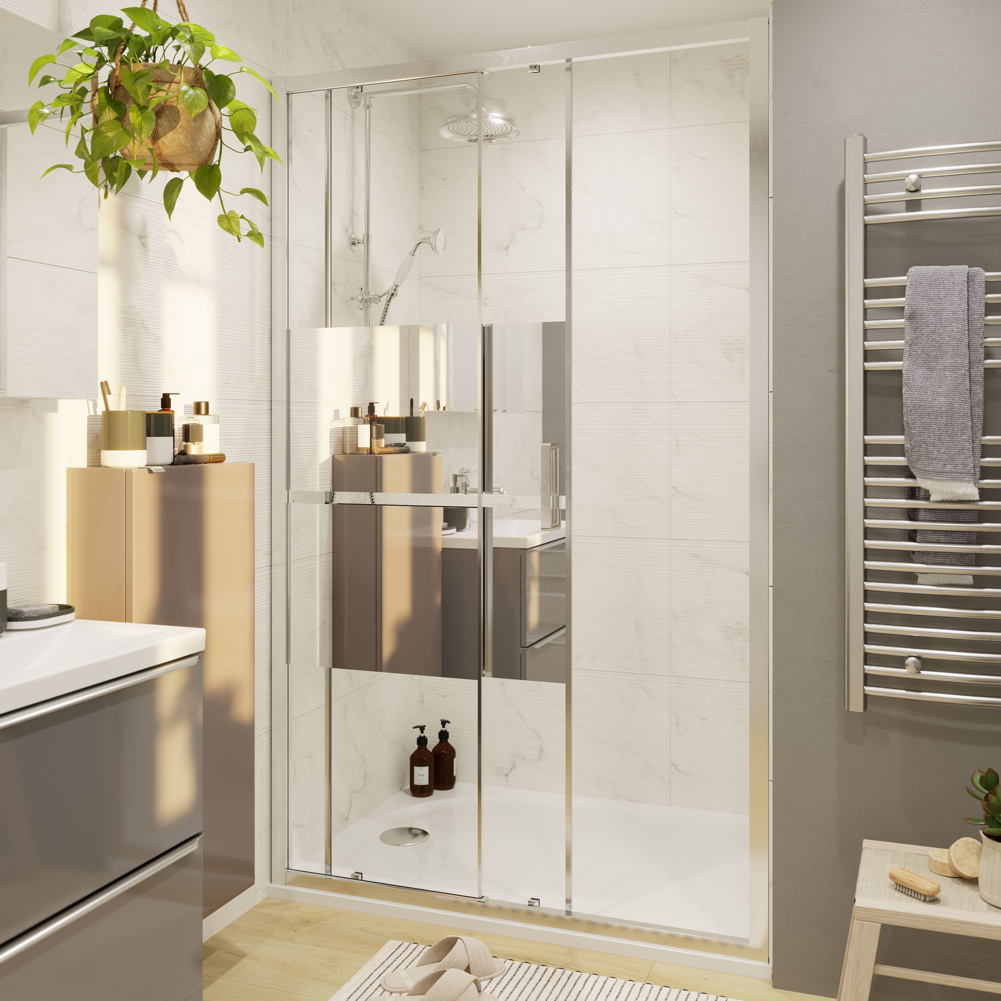 GoodHome Ledava Minimal frame Chrome effect Mirror Striped Sliding Shower door (H)195cm (W)120cm