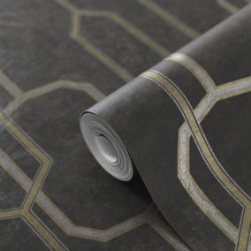 GoodHome Leucie Black & gold Metallic effect Art deco Textured Wallpaper