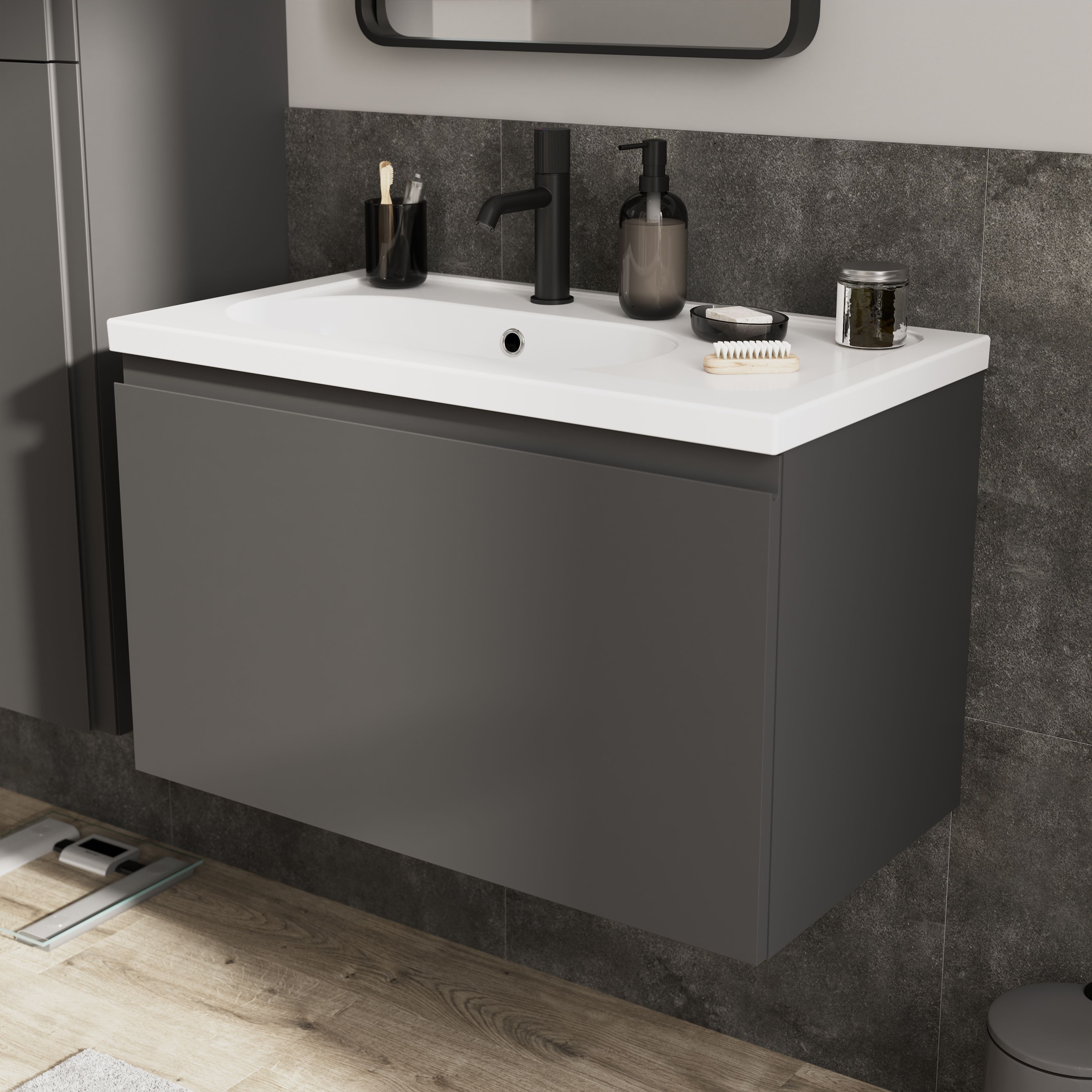 GoodHome Levanna Matt Dark grey Wall-mounted Vanity unit & basin set (W)800mm (H)480mm