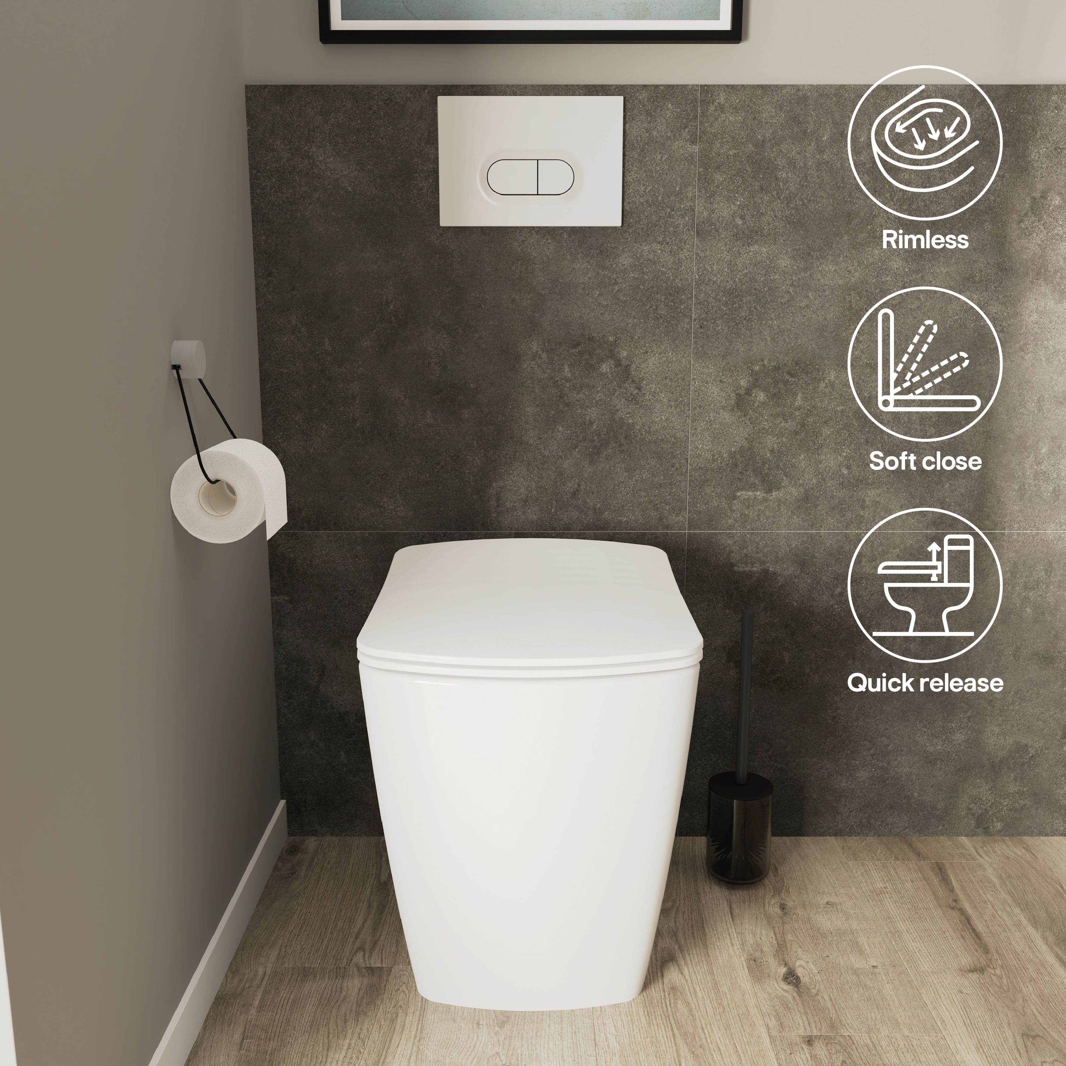 GoodHome Levanna White Rimless Back to wall Square Toilet pan with Soft close seat