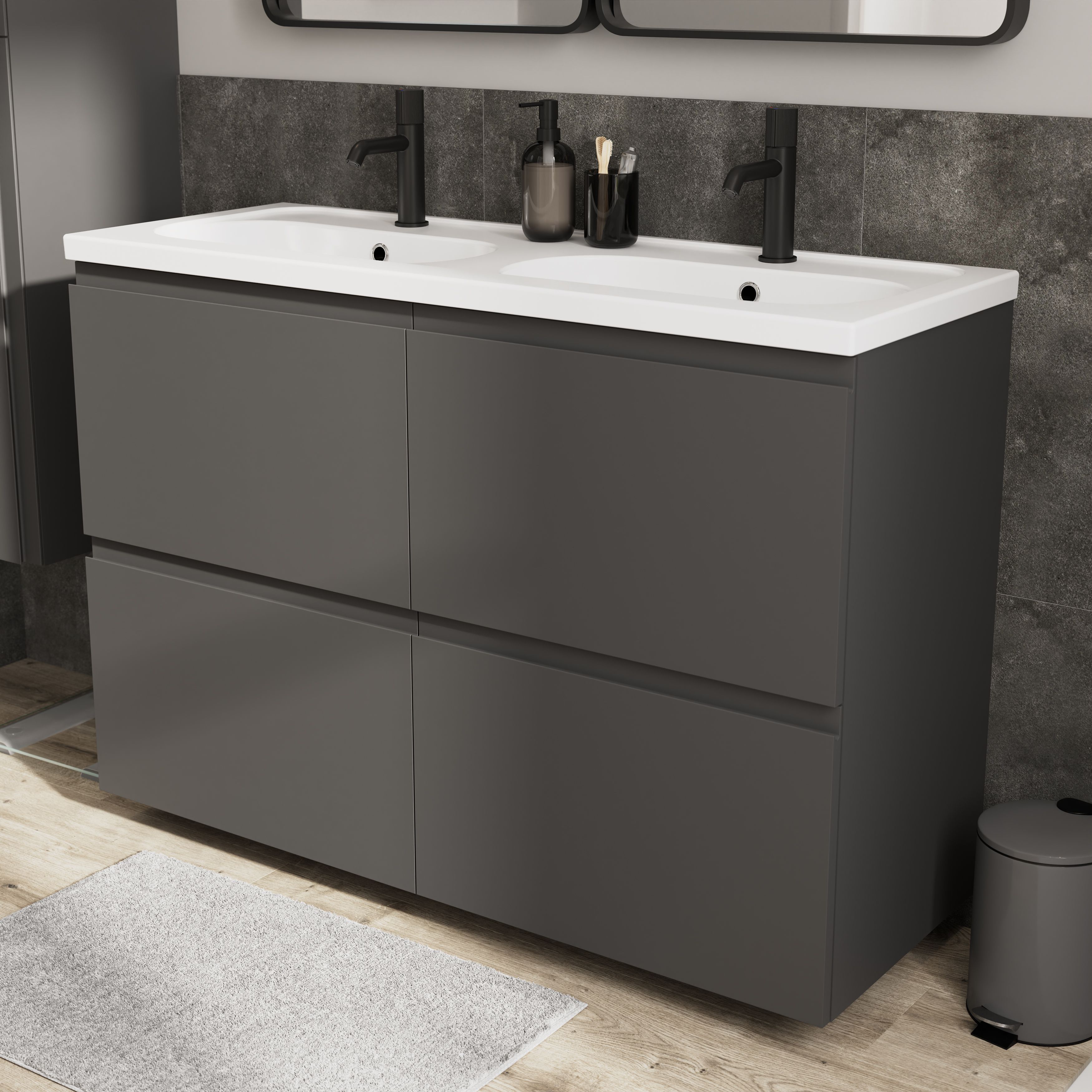 GoodHome Levanna Wide Matt Grey Double Freestanding Bathroom Cabinet (H) 850mm (W) 1200mm