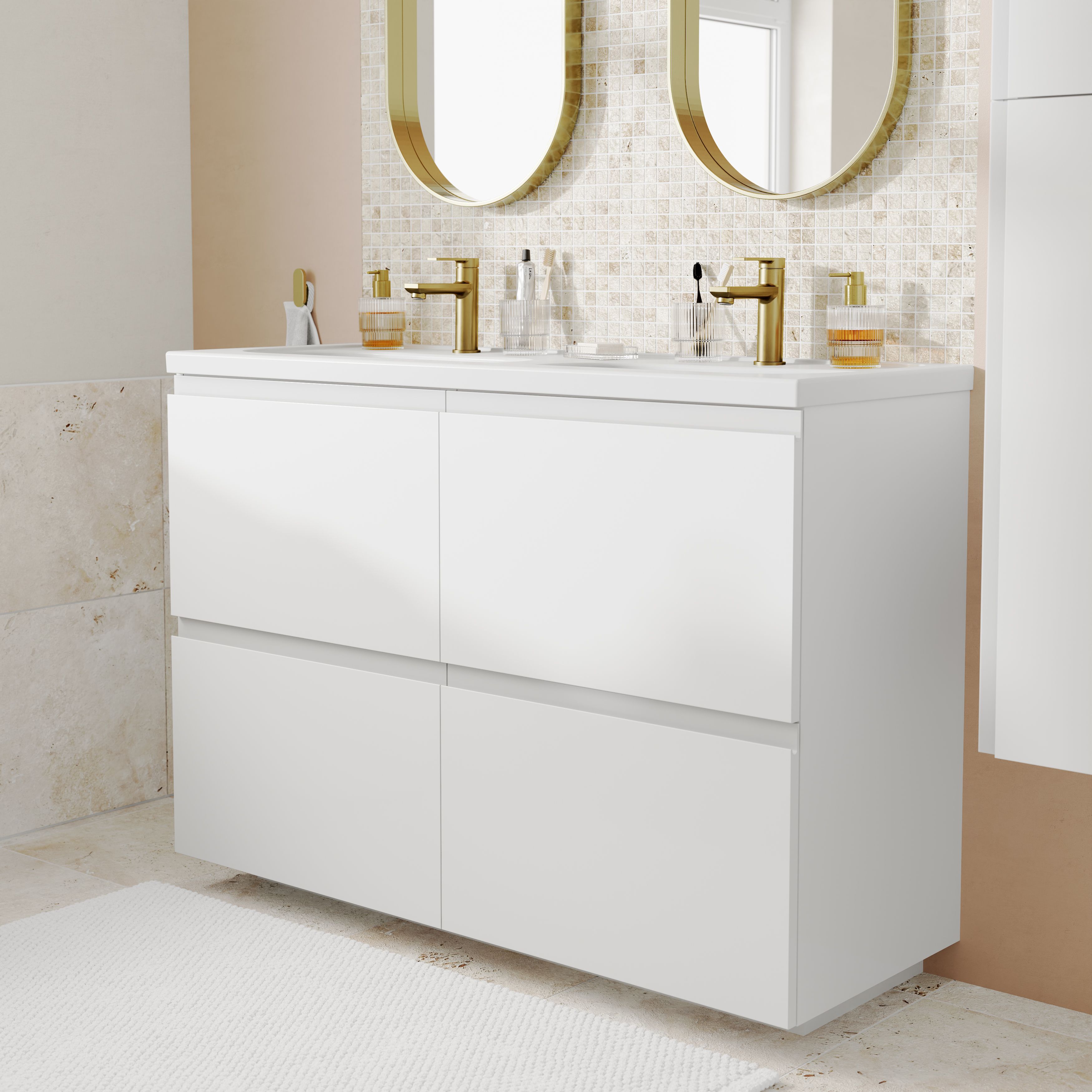 GoodHome Levanna Wide Matt White Double Freestanding Bathroom Cabinet (H) 850mm (W) 1200mm