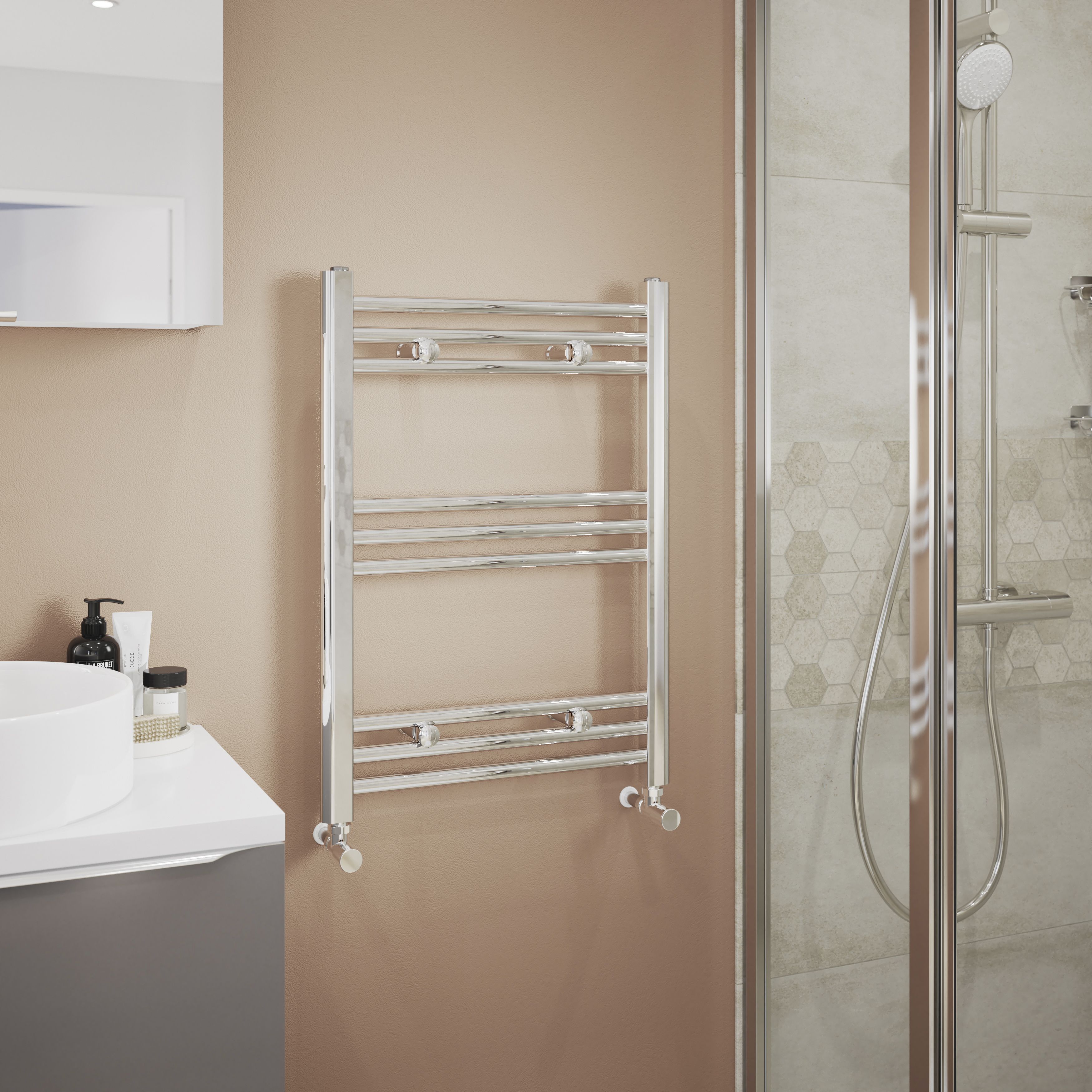GoodHome Leyburn Chrome effect 580BTU Vertical Towel radiator (W)500mm x (H)700mm