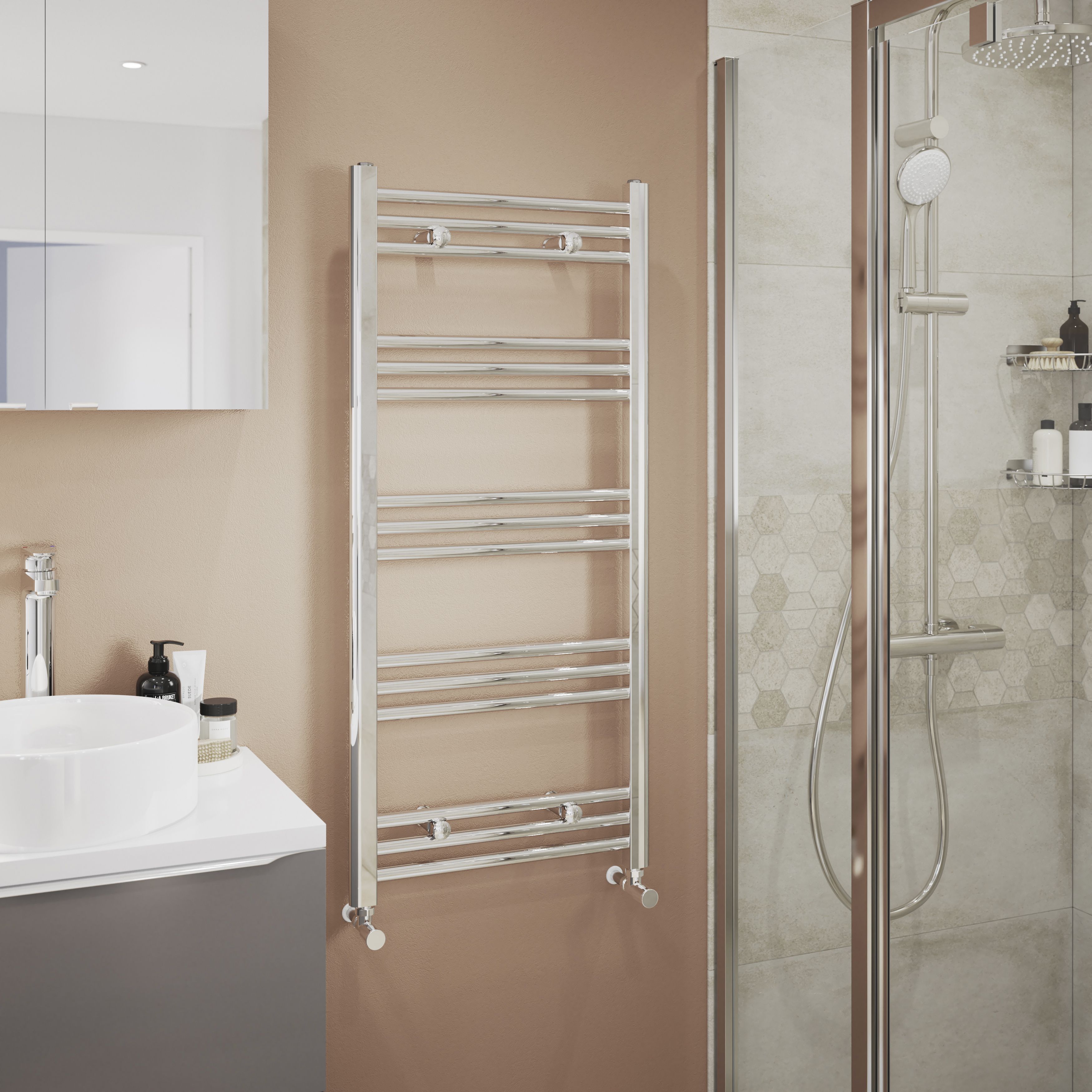 GoodHome Leyburn Chrome effect 979BTU Vertical Towel radiator (W)500mm x (H)1100mm