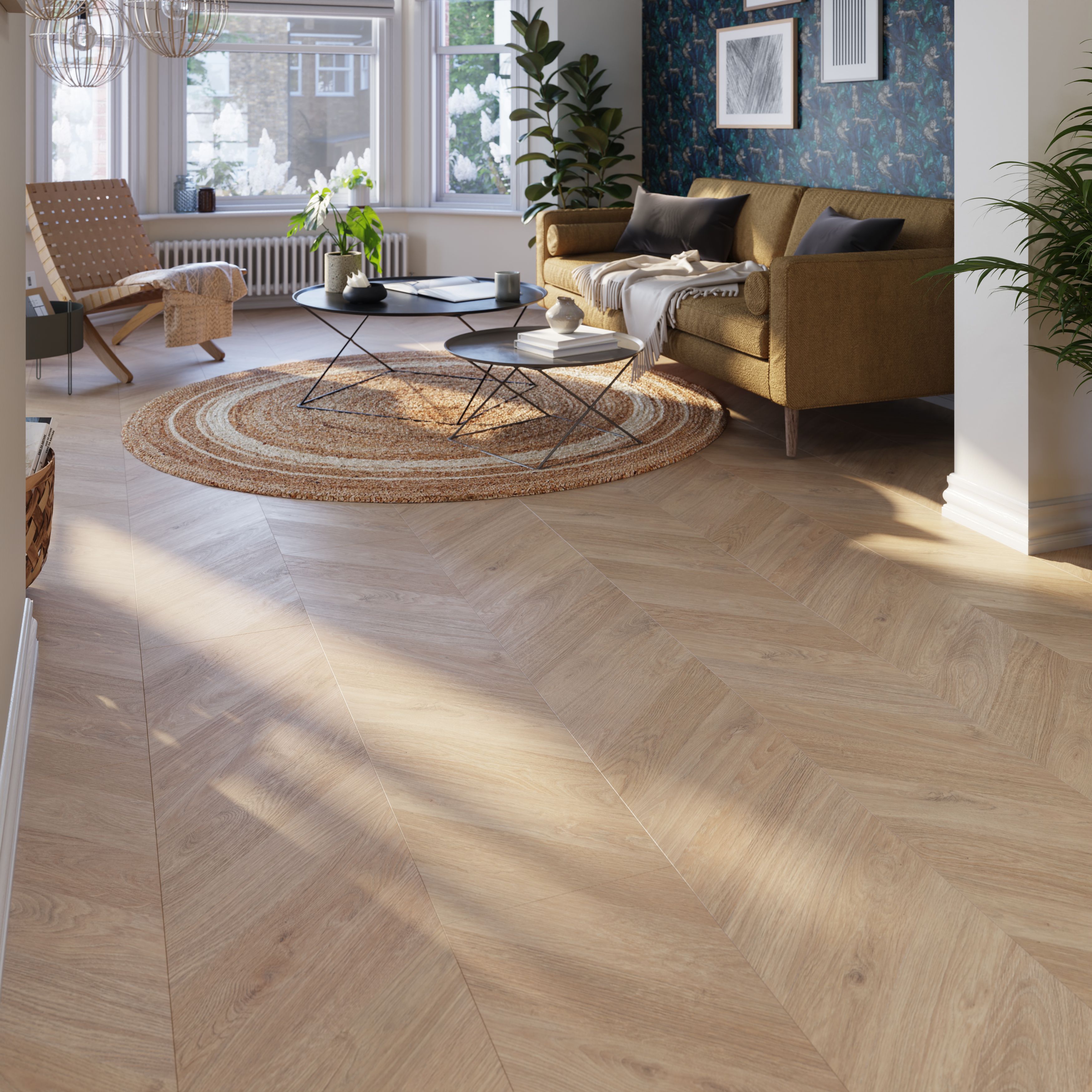 GoodHome Leyton Herringbone Oak effect Laminate flooring Sample