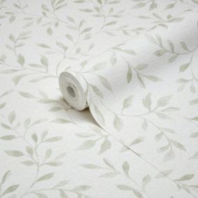 GoodHome Linton Sage green Leaf trail Woven effect Textured Wallpaper Sample