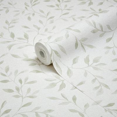 GoodHome Linton Sage green Woven effect Leaf trail Textured Wallpaper