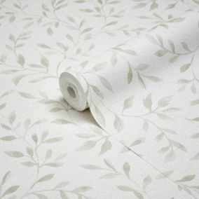 GoodHome Linton Sage green Woven effect Leaf trail Textured Wallpaper