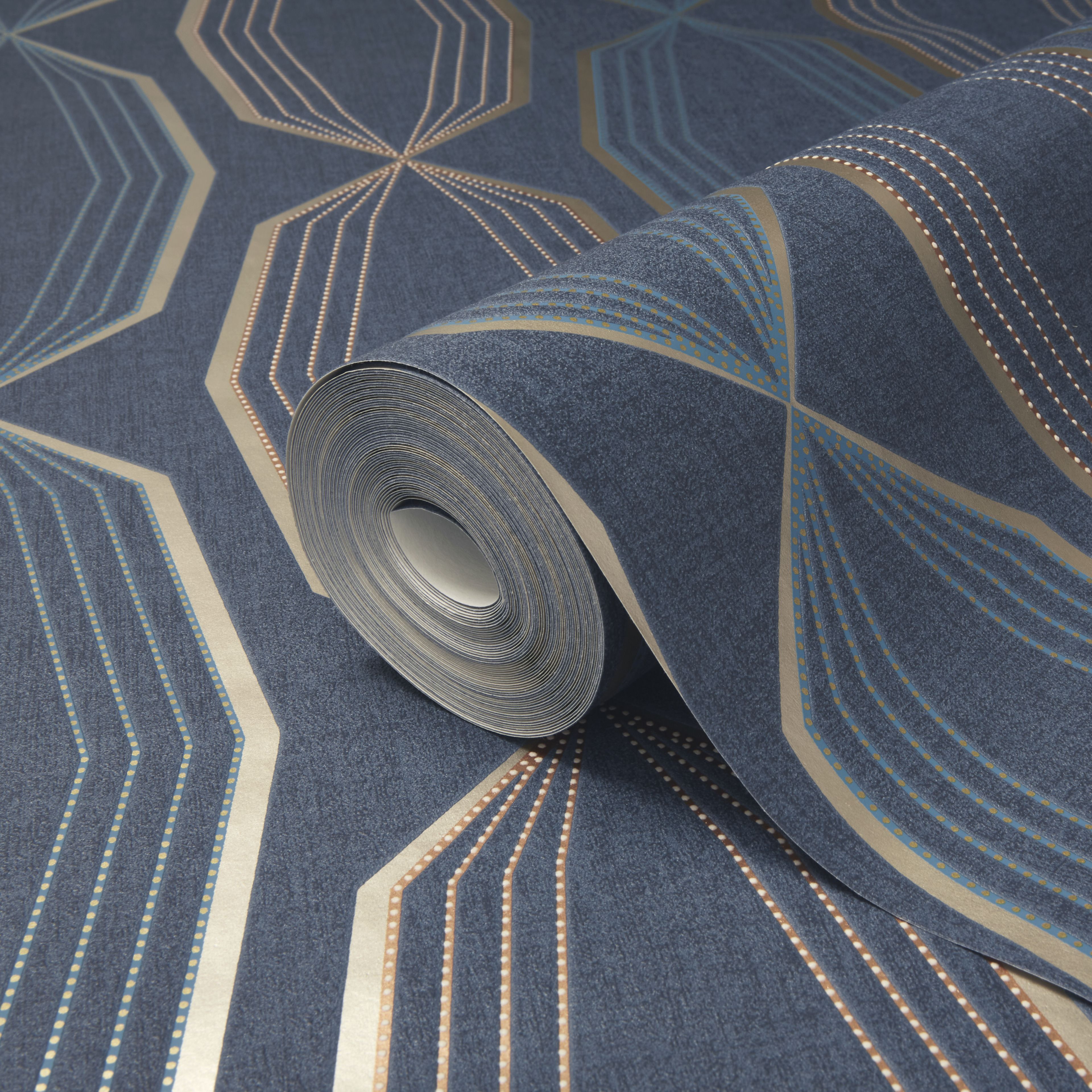 GoodHome Locrus Navy Geometric Metallic effect Textured Wallpaper | DIY ...