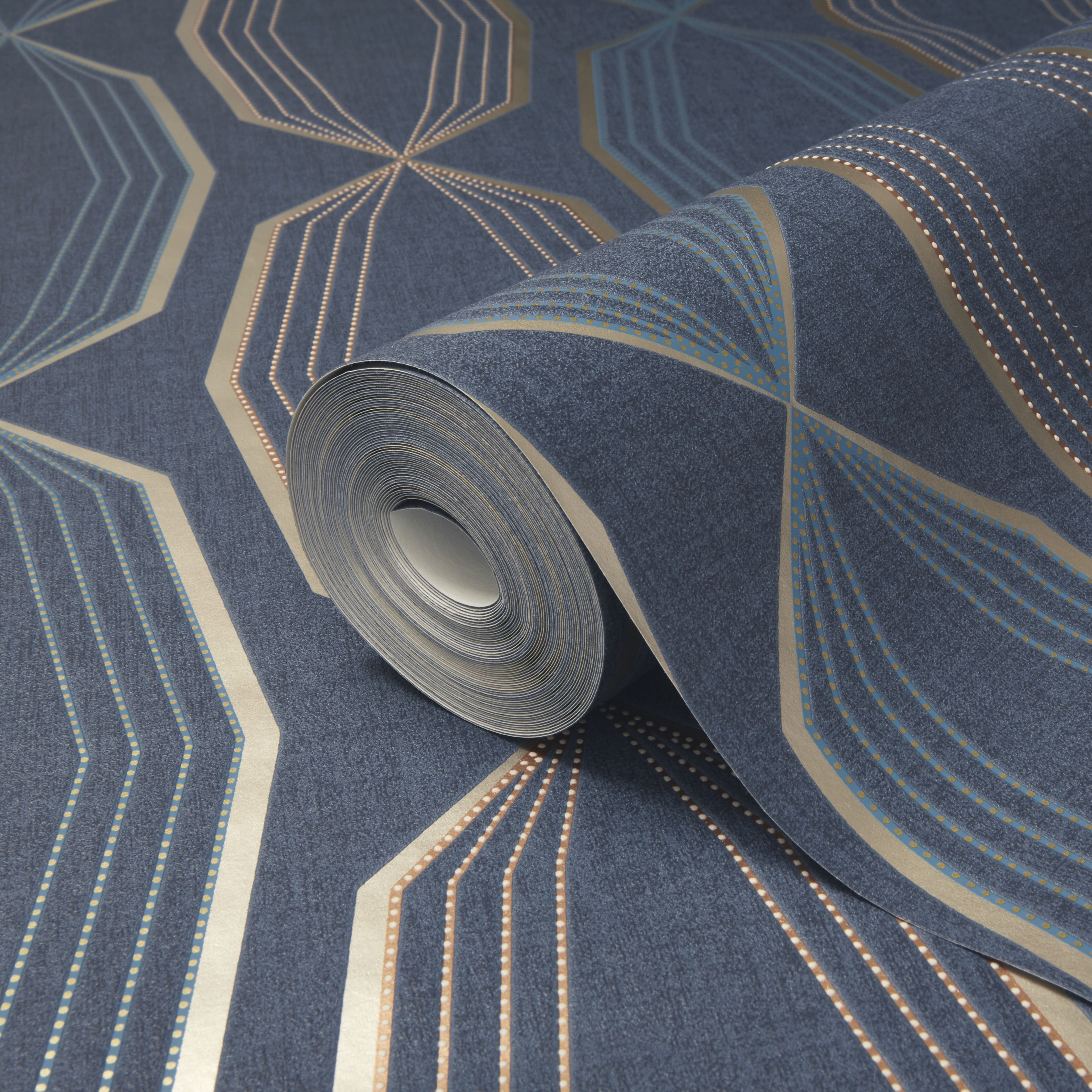 GoodHome Locrus Navy Metallic effect Geometric Textured Wallpaper
