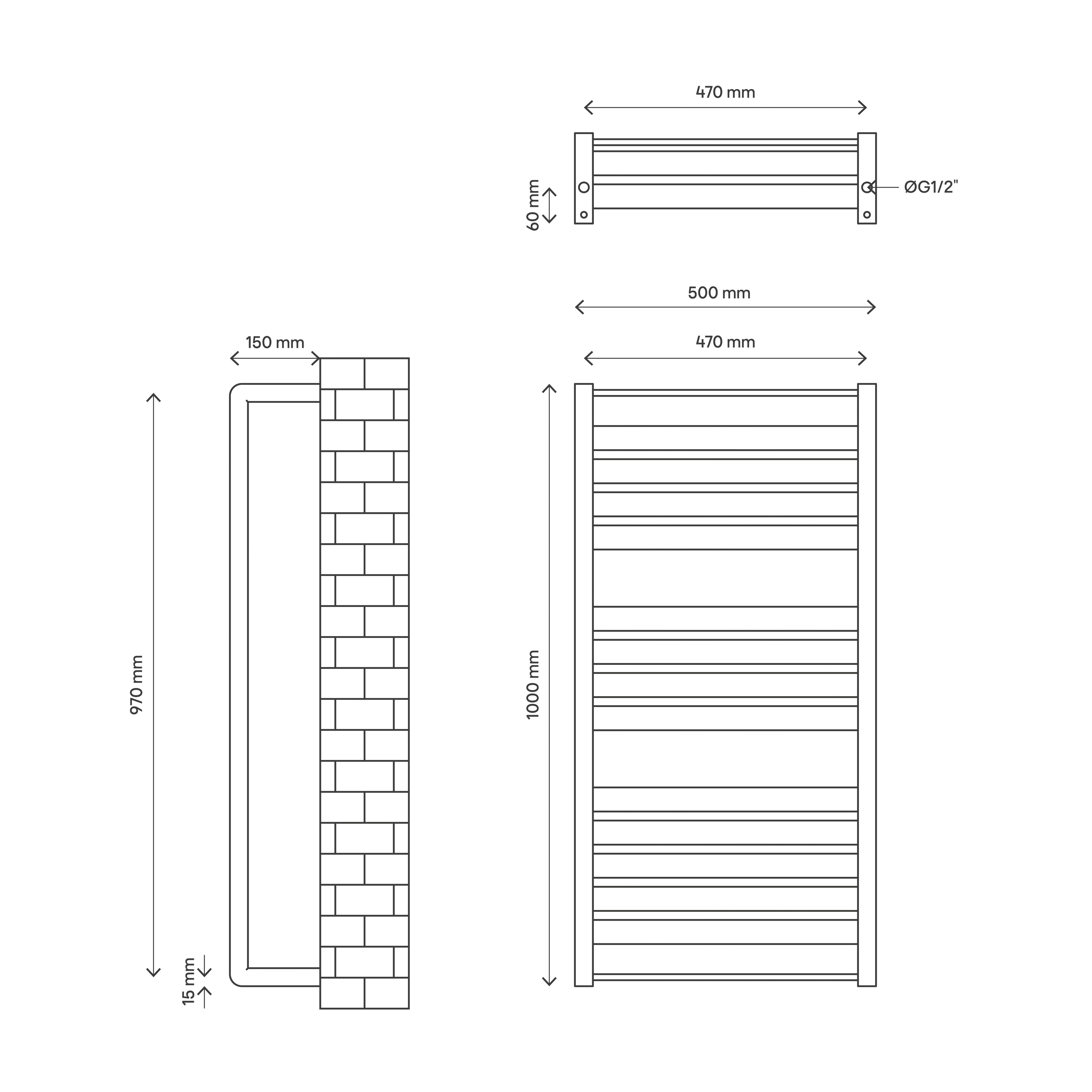 GoodHome Loreto White Flat Towel warmer (W)500mm x (H)1000mm