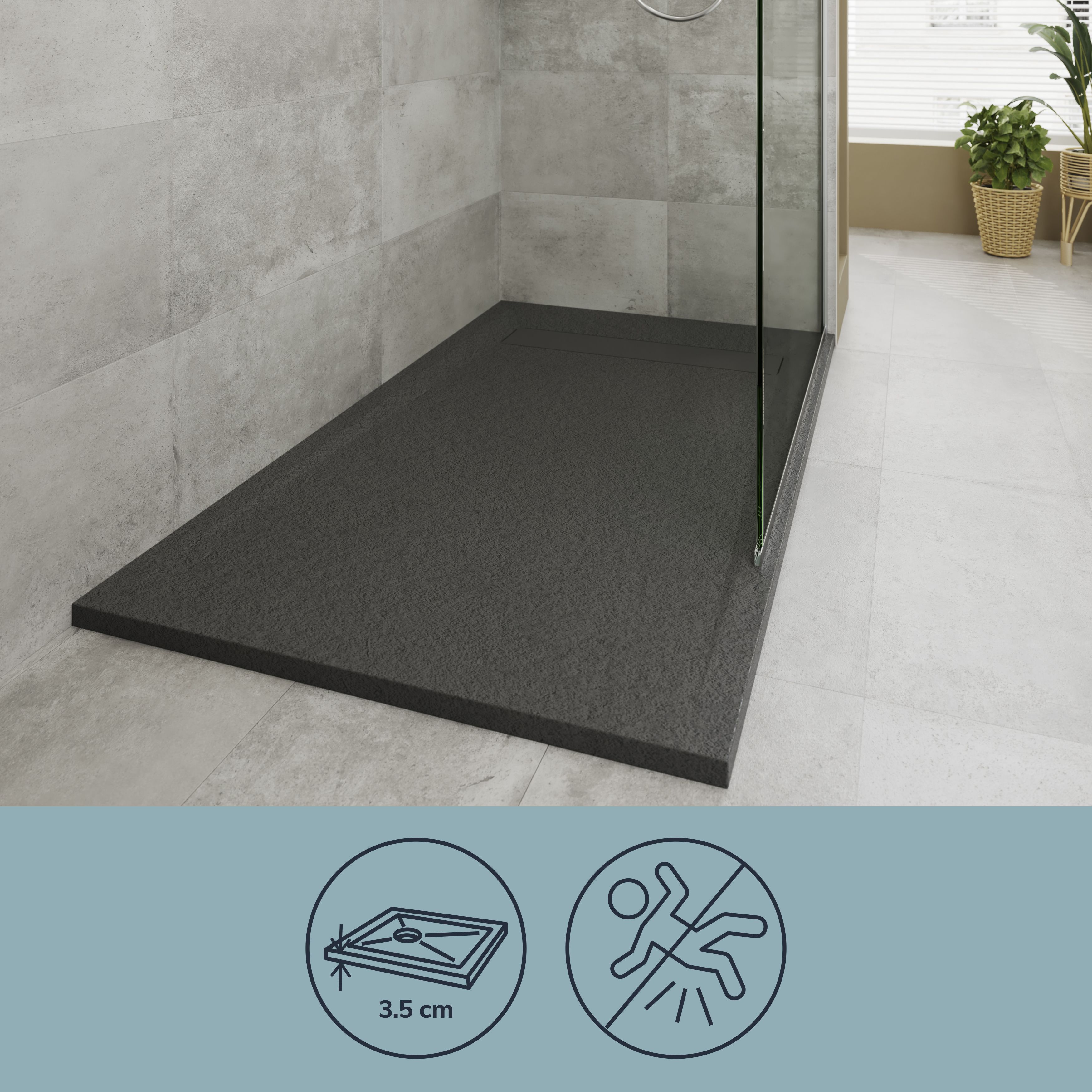 GoodHome Luiro Matt Black Rectangular Reversible drainer Shower tray (L)1600mm (W)800mm (H) 38mm
