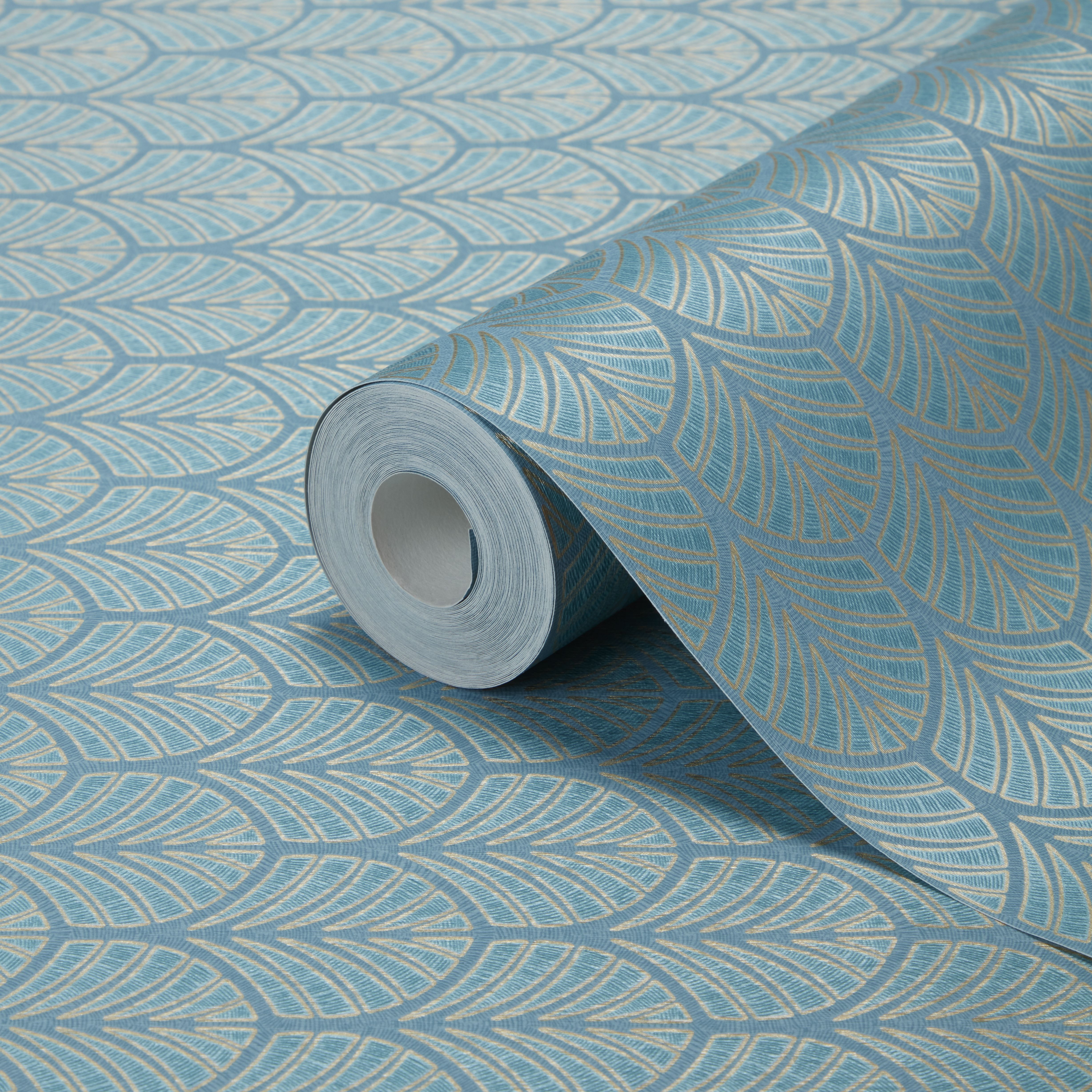 GoodHome Lunaria Teal Metallic effect Art deco Embossed Wallpaper