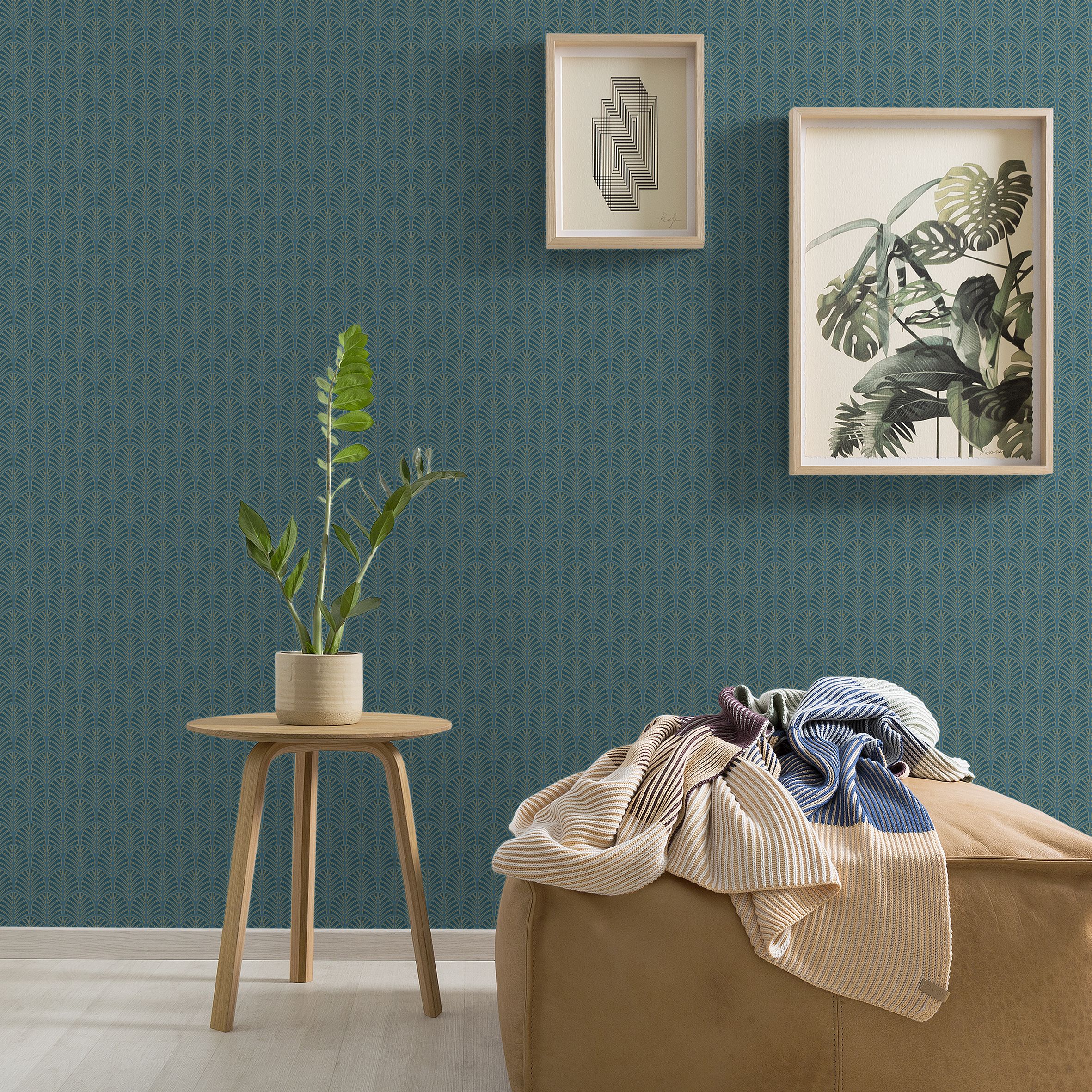 GoodHome Lunaria Teal Metallic effect Art deco Embossed Wallpaper
