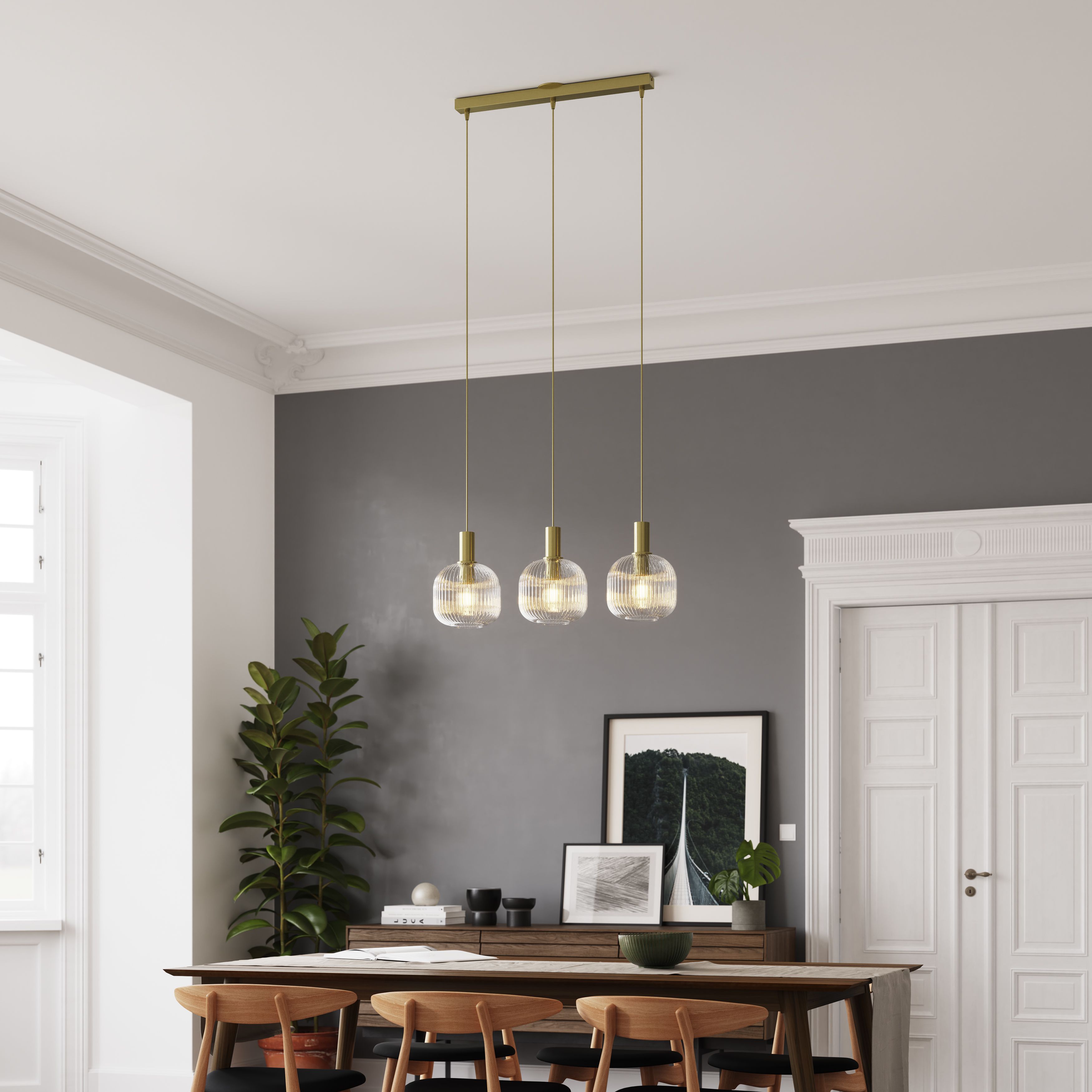 GoodHome Lybia Satin Brass 3 Lamp LED Pendant ceiling light, (Dia)740mm ...