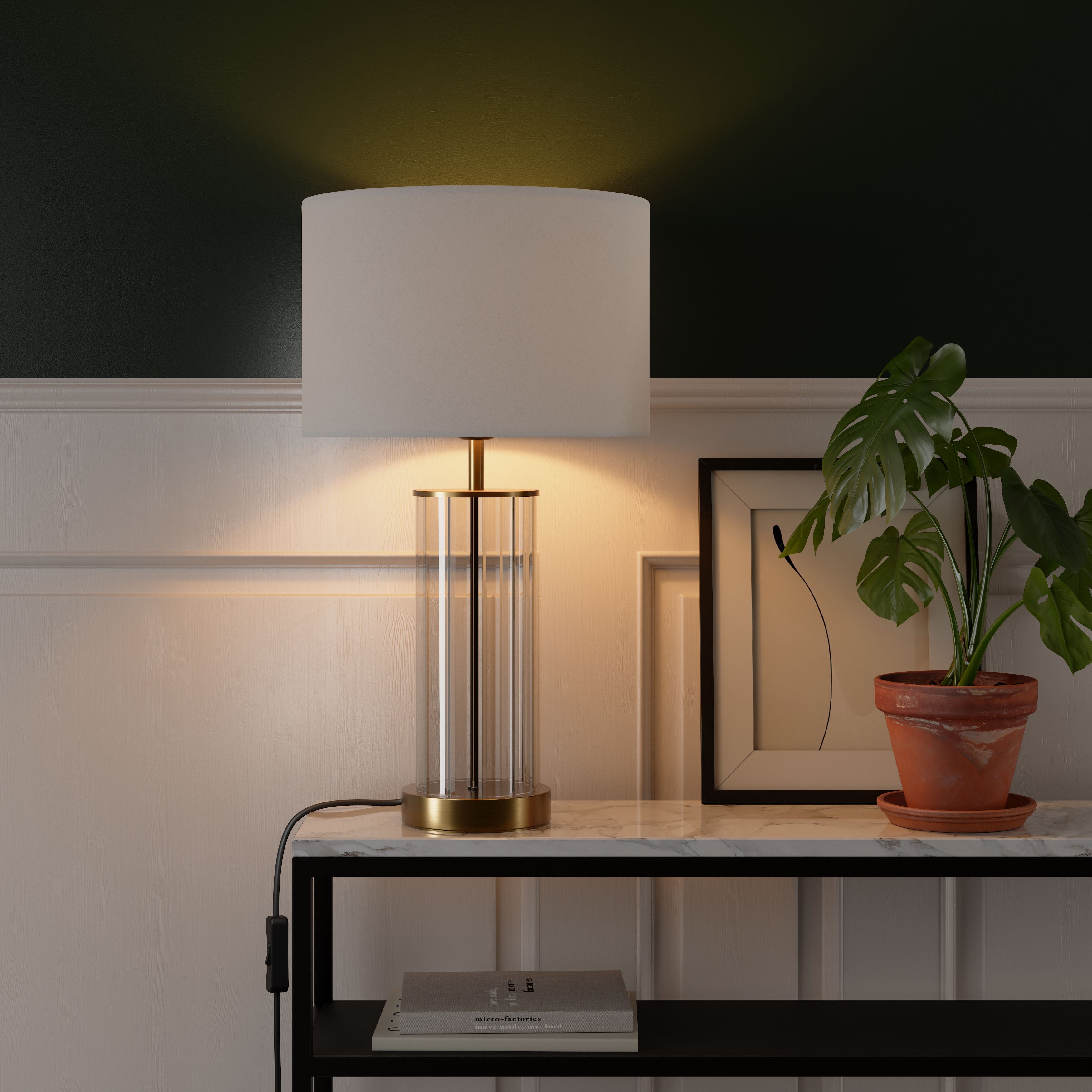 GoodHome Malkoha Round Satin Clear Antique brass effect Table lamp