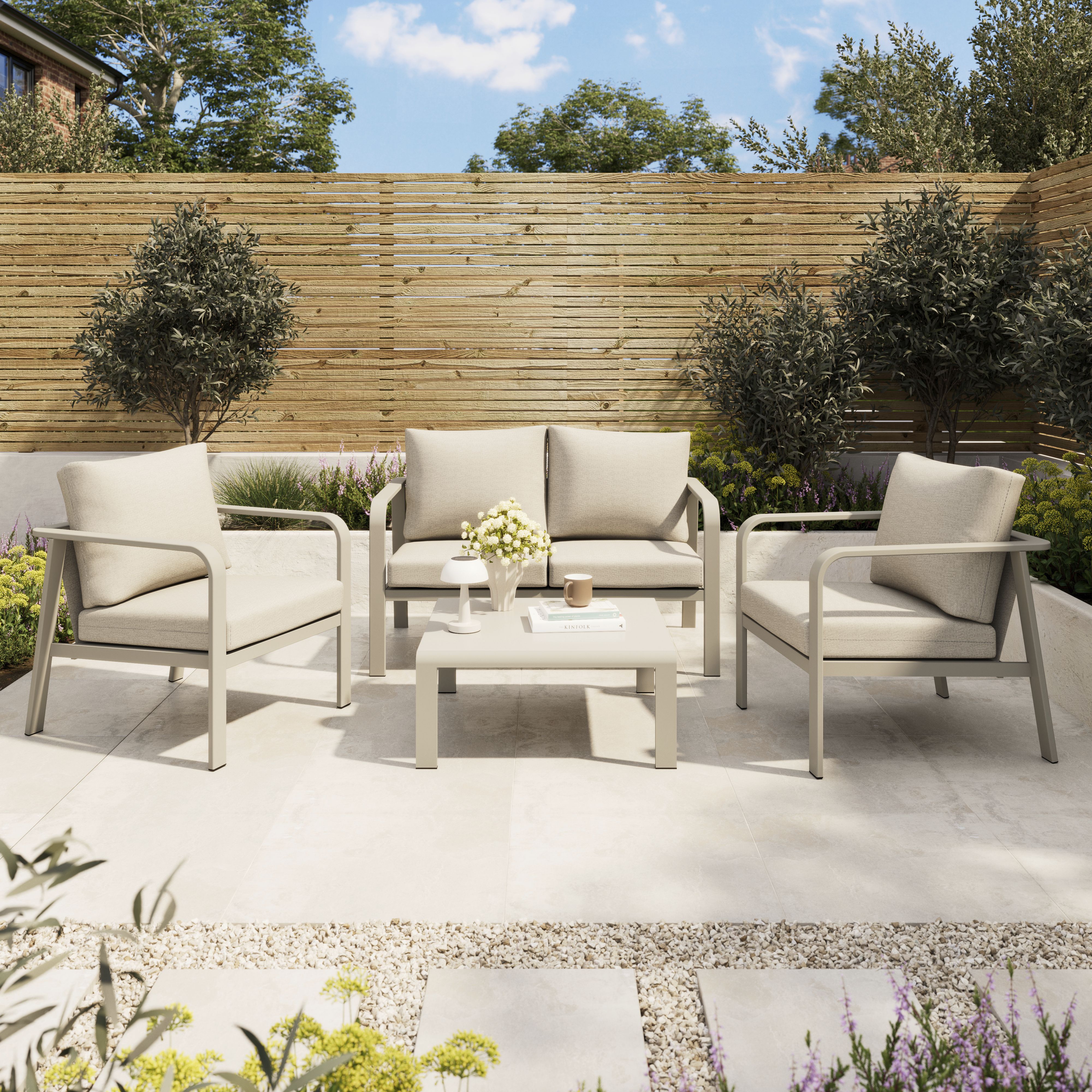 GoodHome Mallia Matt Beige Metal 4 Seater Coffee set