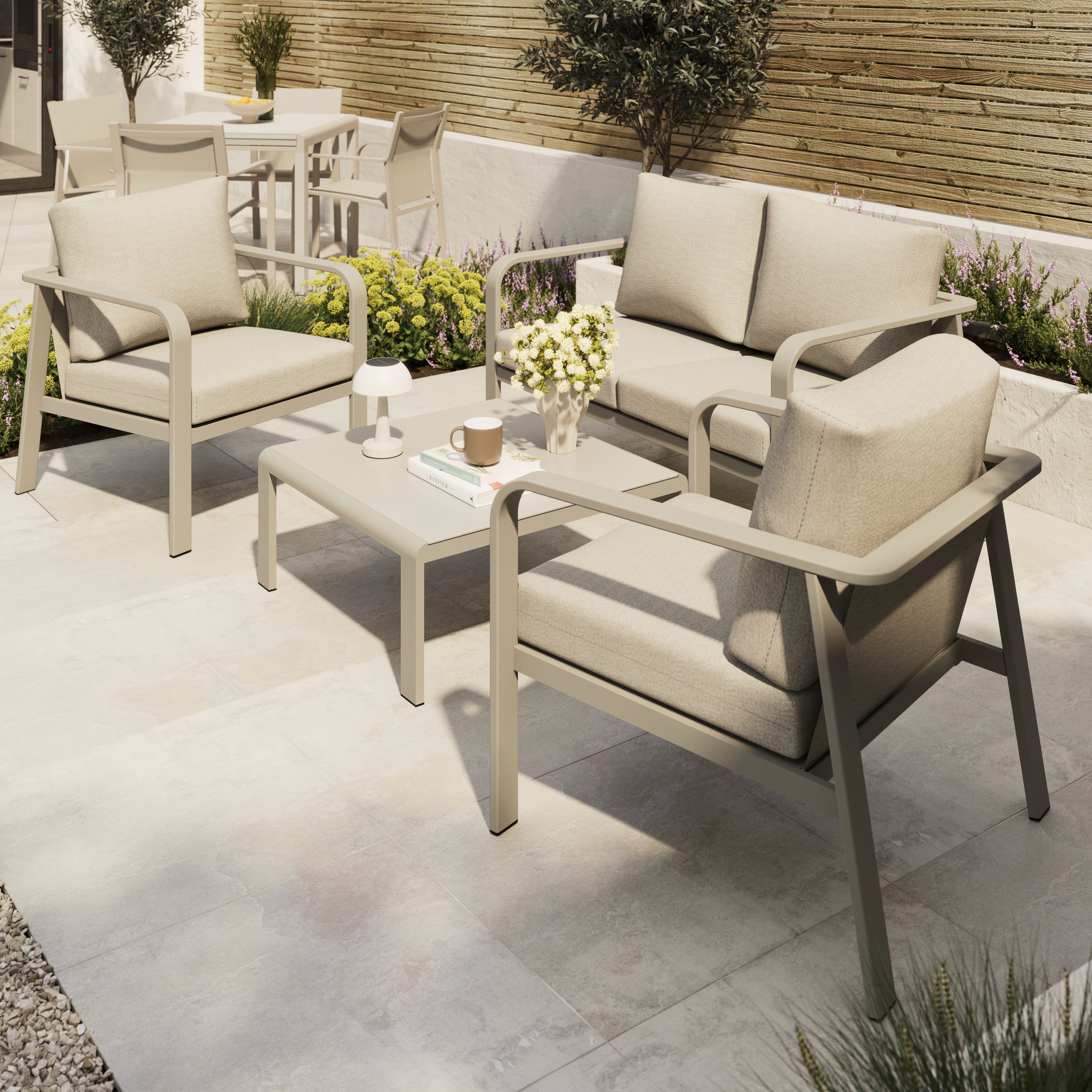 GoodHome Mallia Matt Beige Metal 4 Seater Coffee set