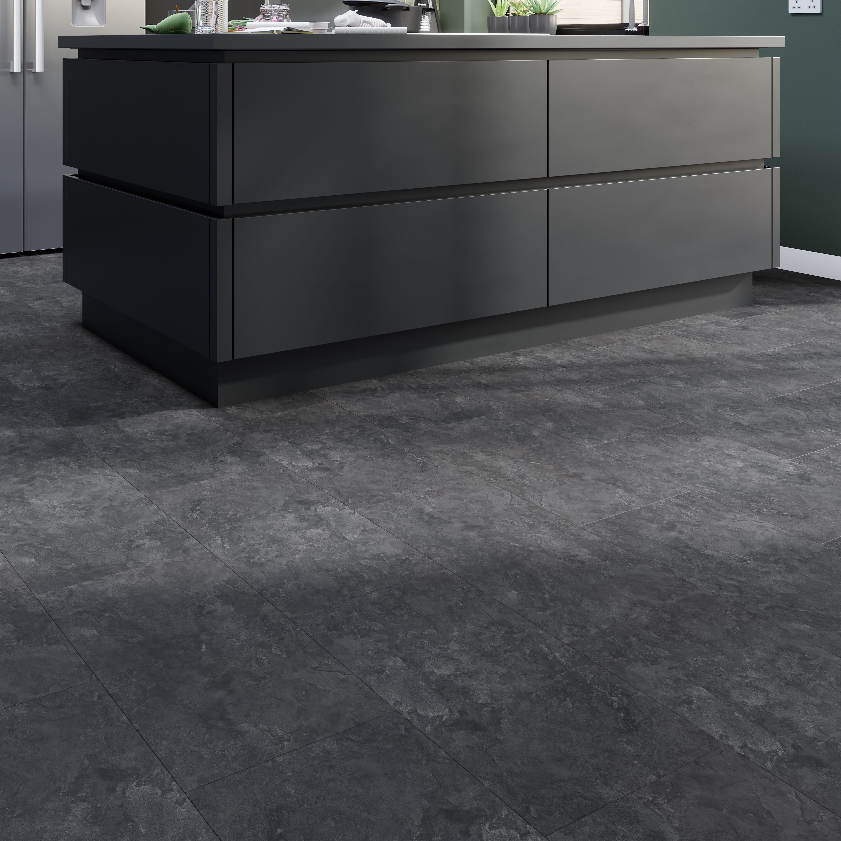 GoodHome Mambo Dark Grey Natural Slate effect Textured Click vinyl Tile, 2.23m²