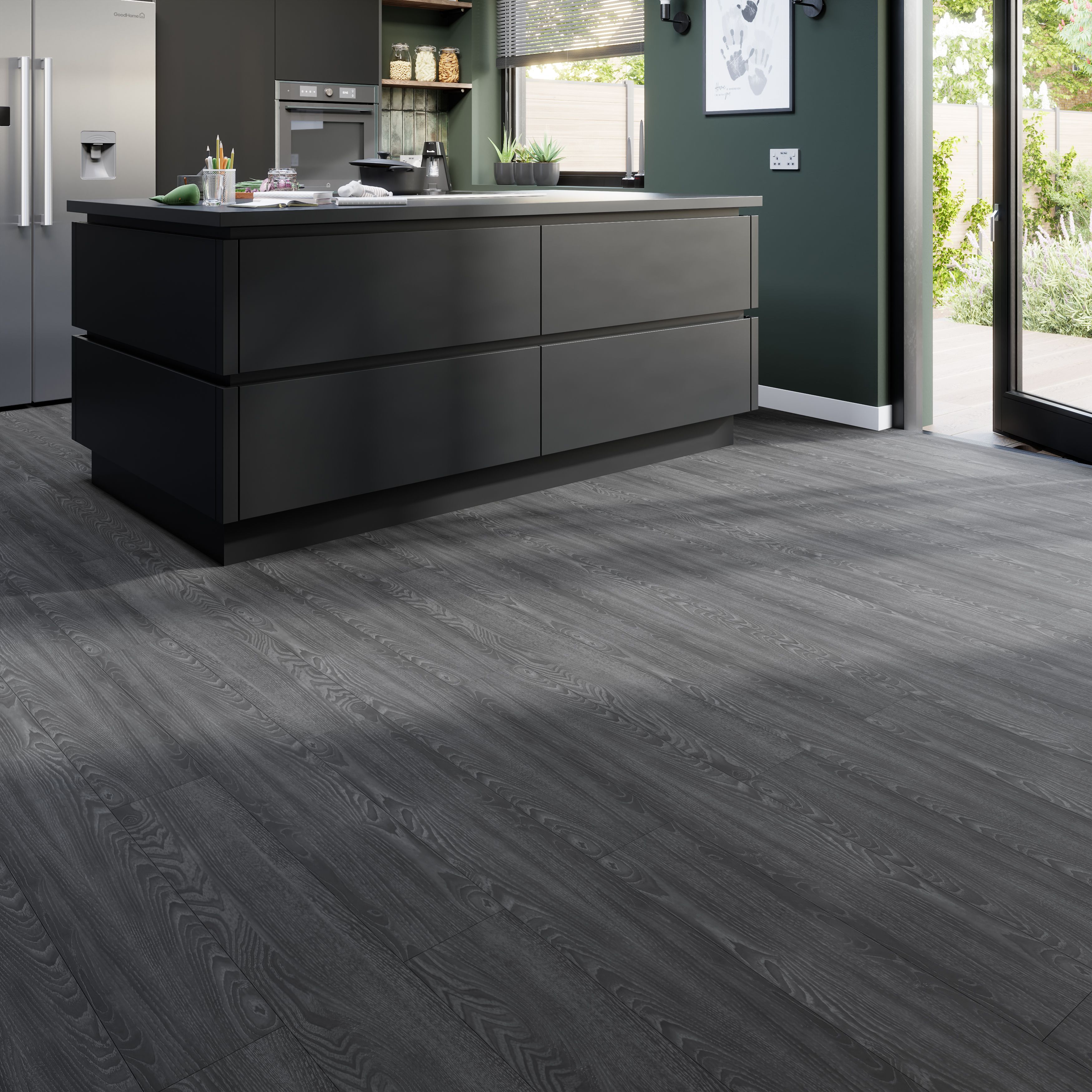 GoodHome Mambo Dark Grey Natural Wood effect Synchronised Click vinyl Planks, 2.17m²