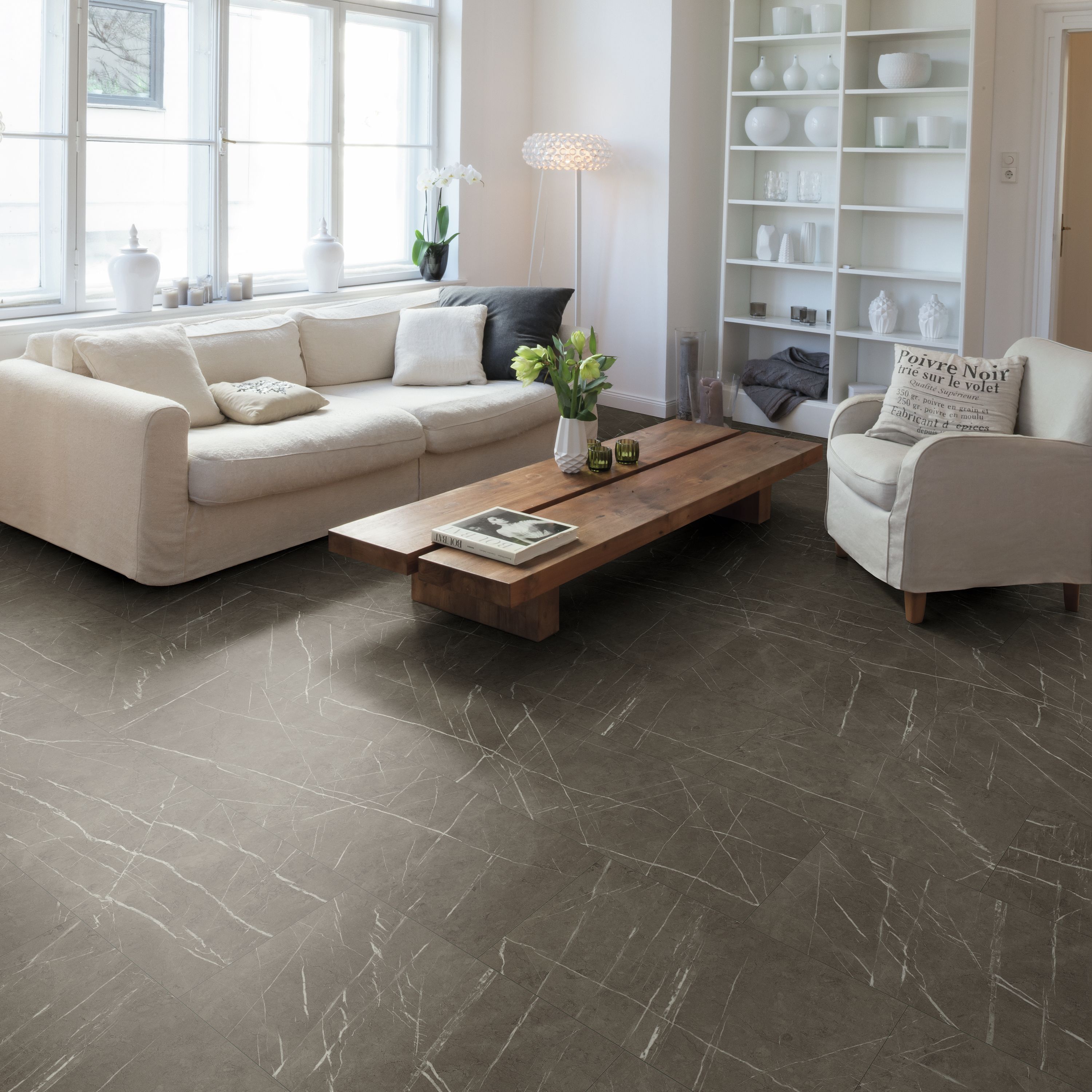 GoodHome Marble Grey & White Marble Tile effect Laminate Flooring, 2.535m²