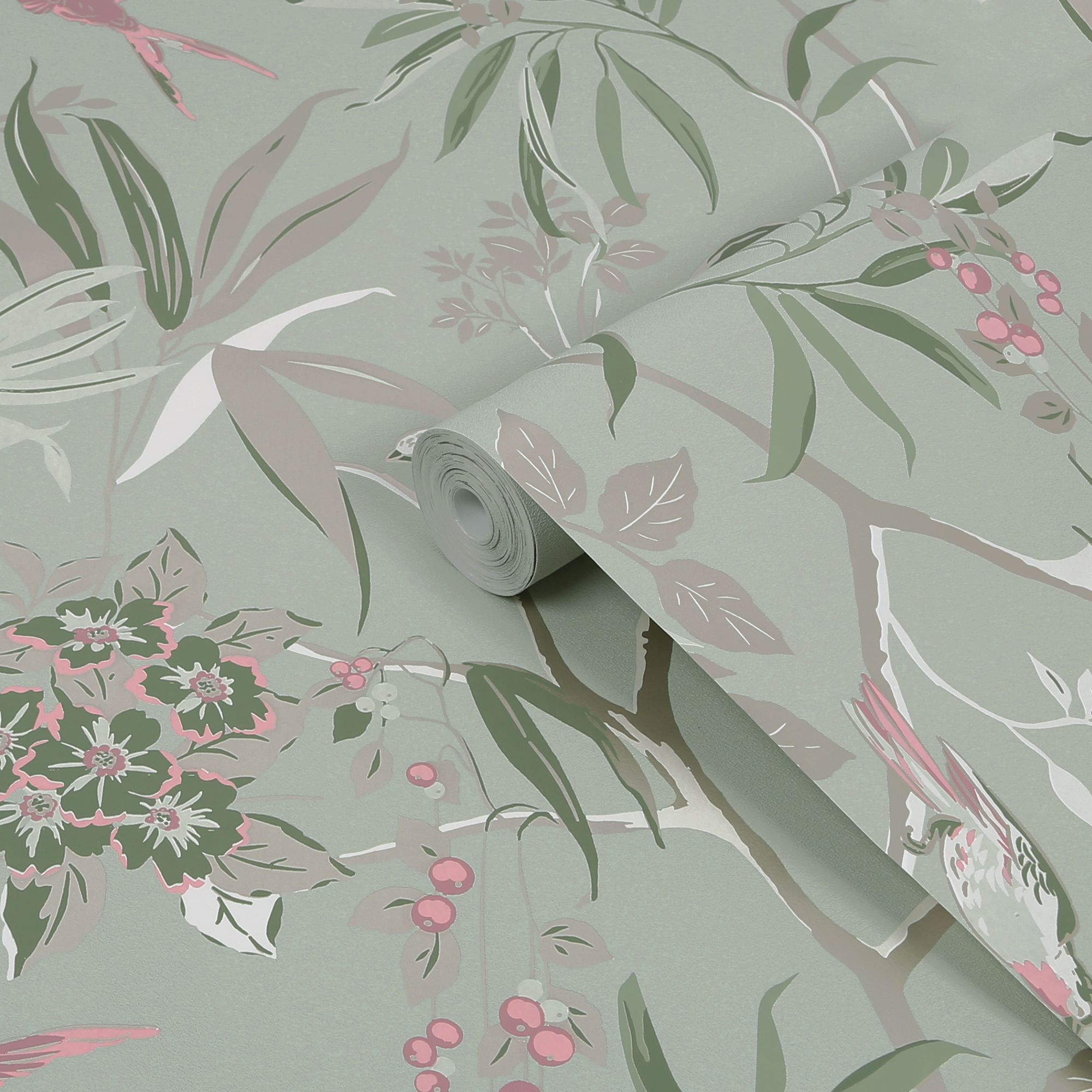 GoodHome Maristow Sage Floral Metallic effect Textured Wallpaper Sample