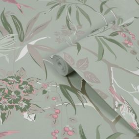 GoodHome Maristow Sage Metallic effect Floral Textured Wallpaper Sample