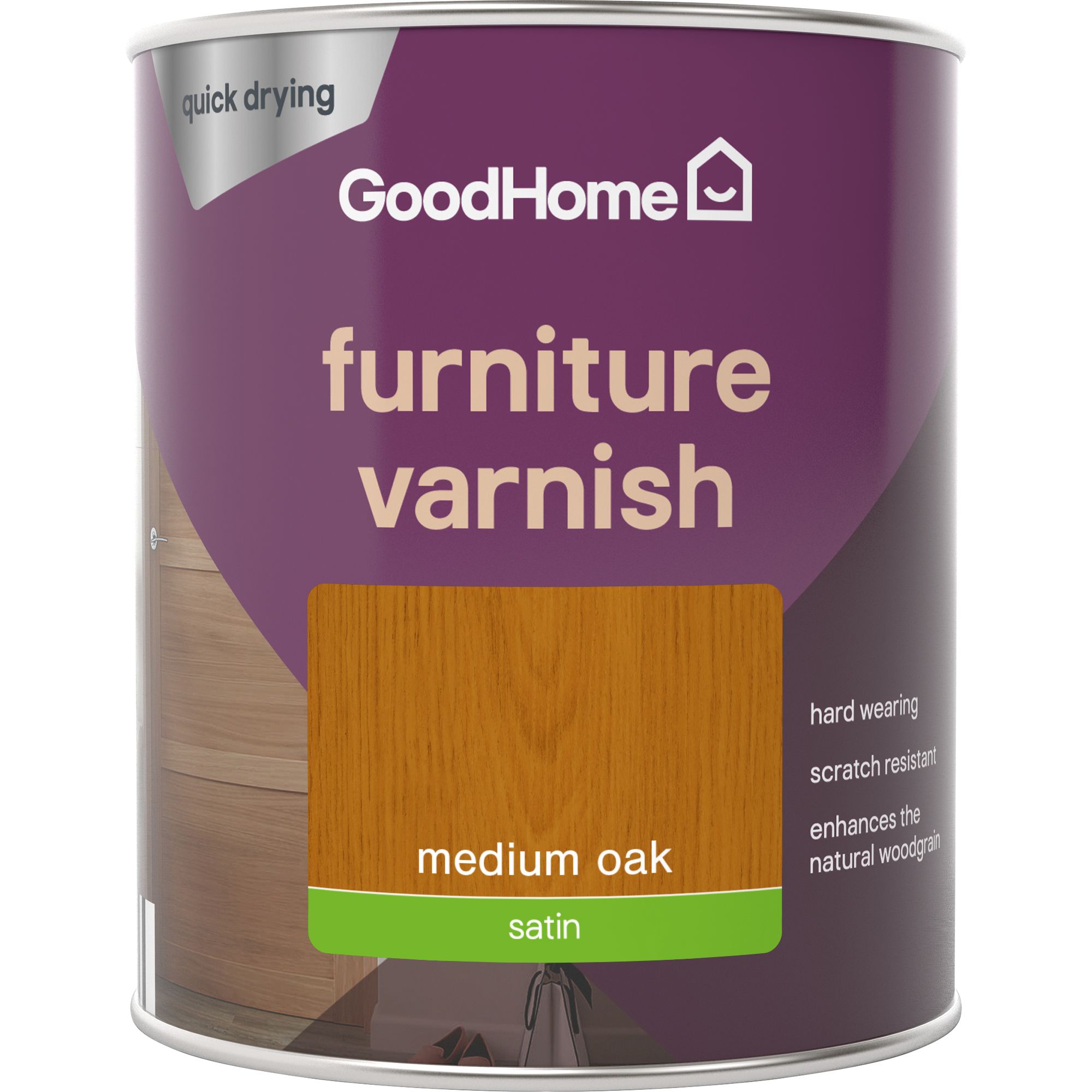 GoodHome Medium Oak Satin Multi-surface Furniture Wood varnish, 750ml