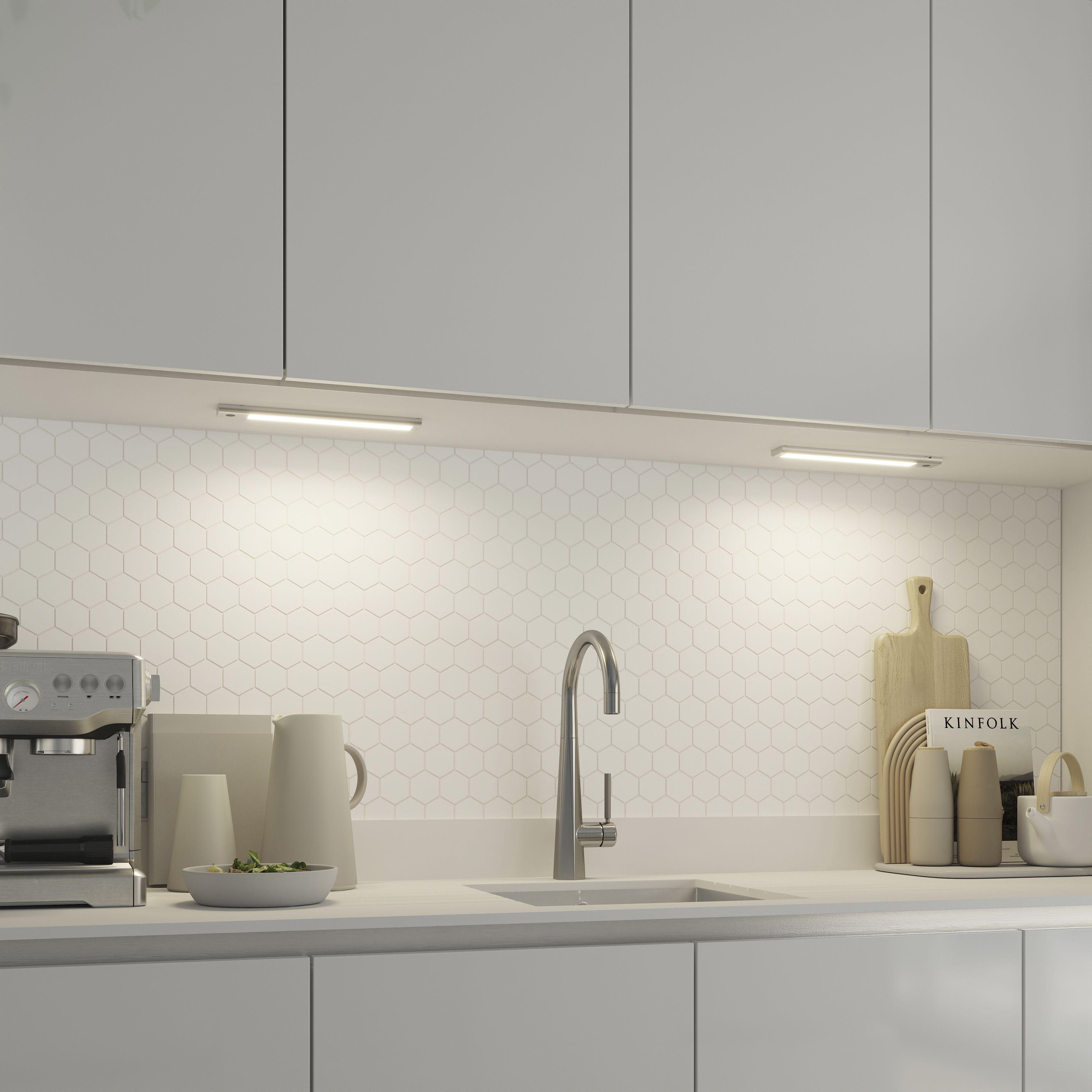 GoodHome Menezes White Silver effect Mains-powered LED Neutral white Under cabinet light IP20 (L)285mm (W)42mm