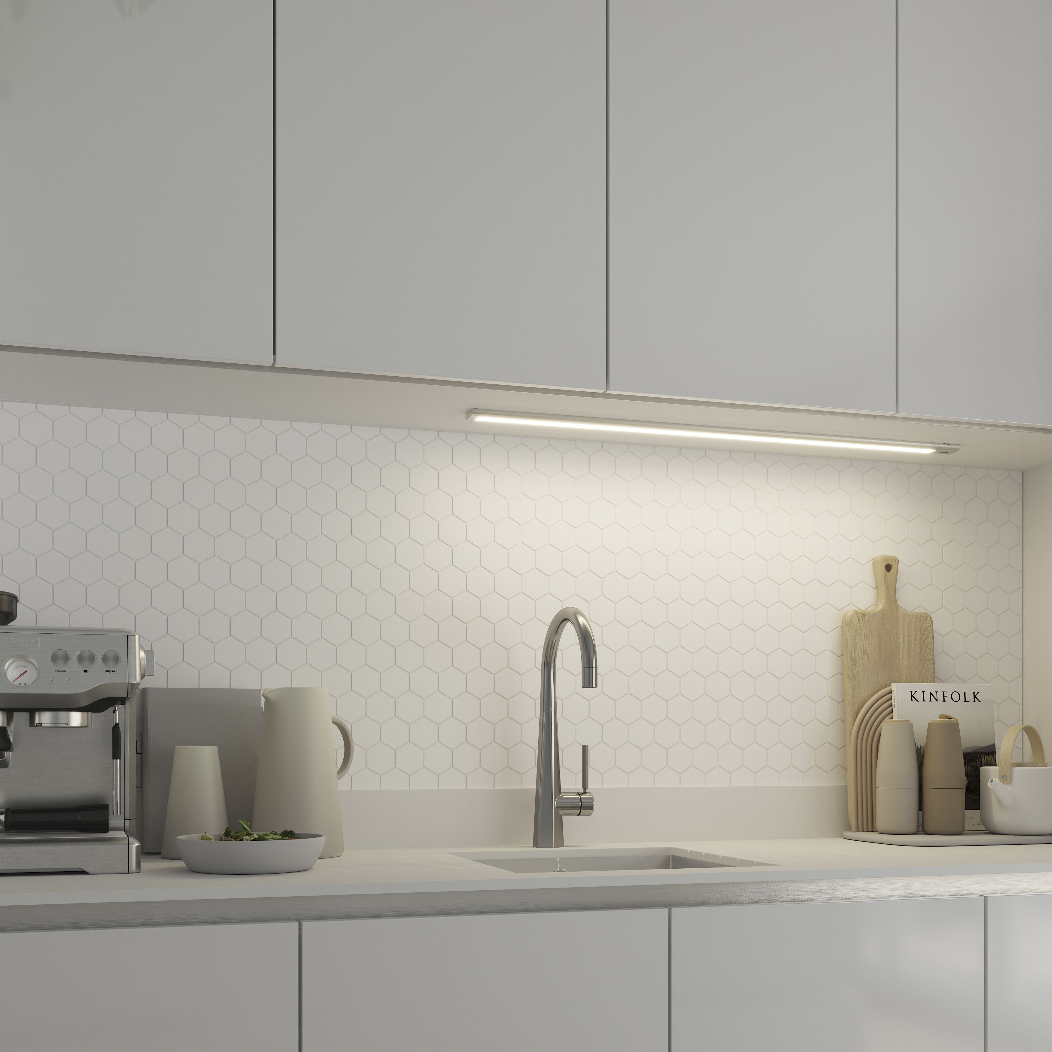 GoodHome Menezes White Silver effect Mains powered LED Neutral white Under cabinet light IP20 L 885mm
