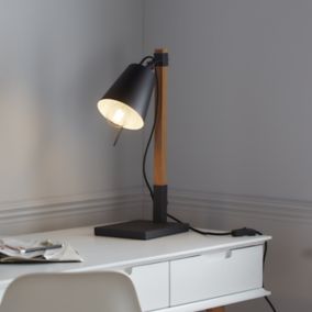 GoodHome Menonry Matt Black Wood effect Table light