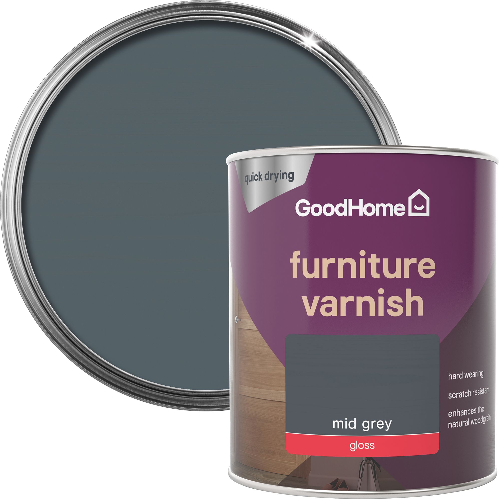 GoodHome Mid Grey Gloss Multisurface Furniture Wood varnish, 750ml