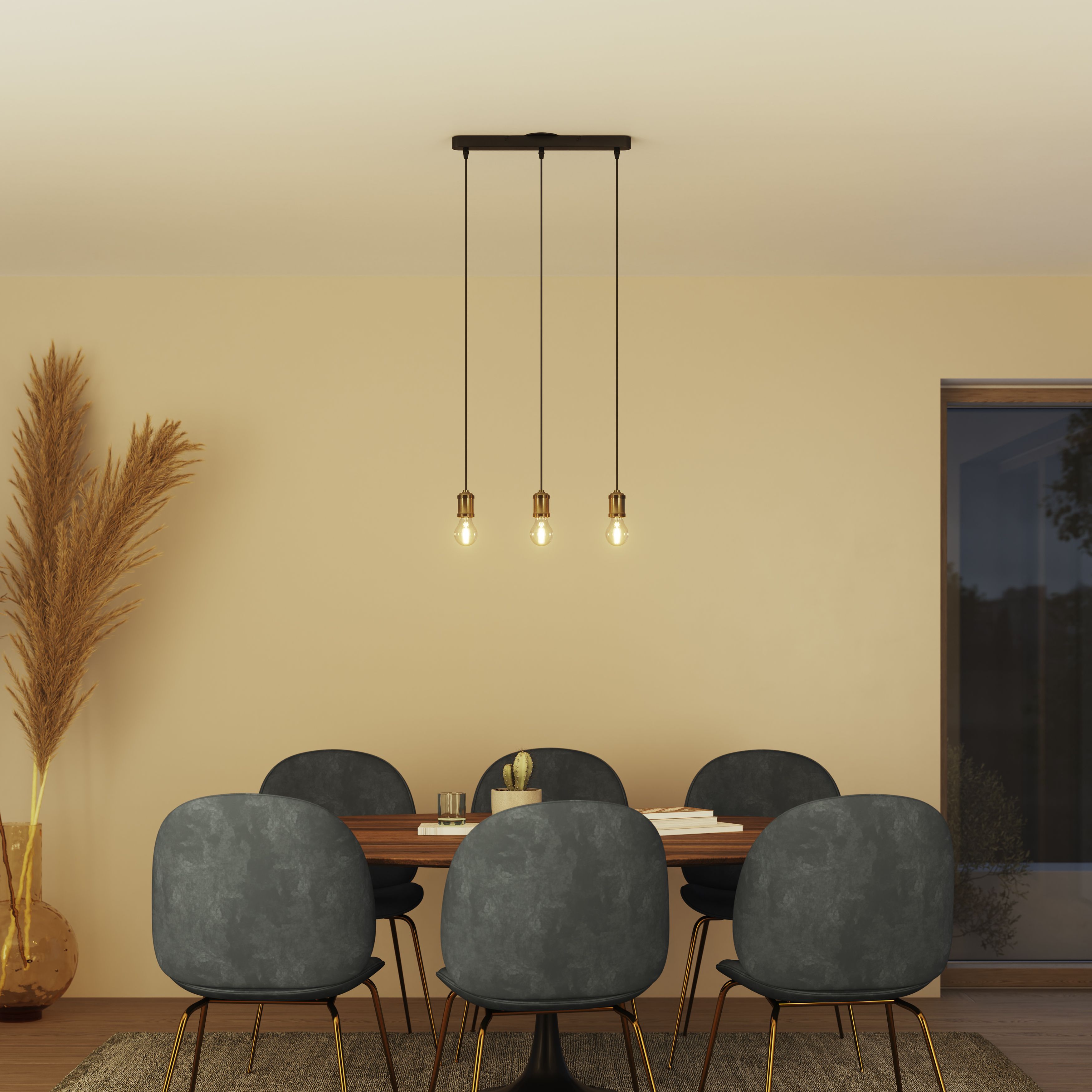 GoodHome Milne Stripe Matt Black & antique brass 3 Lamp Pendant ceiling light, (Dia)40mm