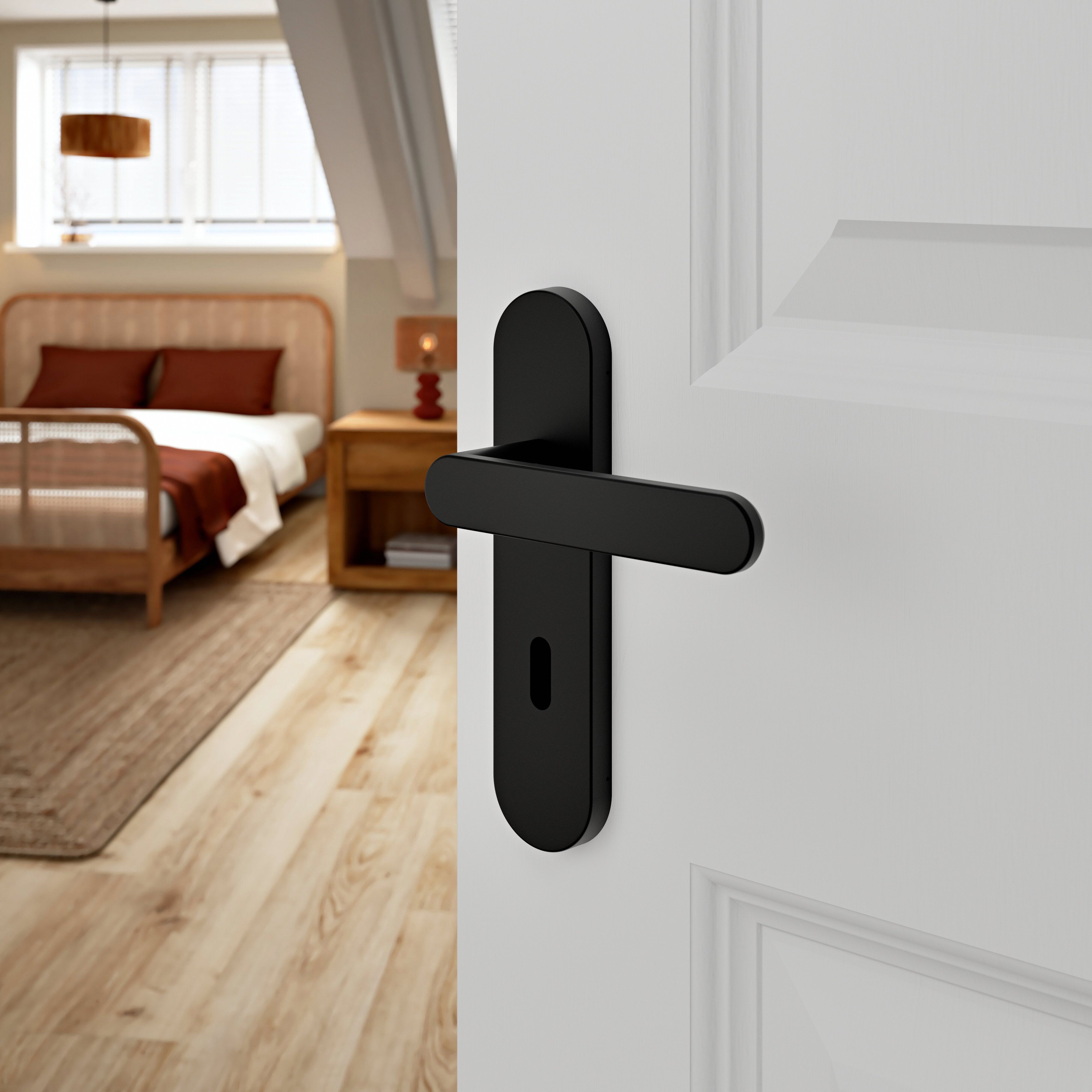 GoodHome Minzh Black Straight Lock Door handle (L)120mm (D)53.5mm Pair