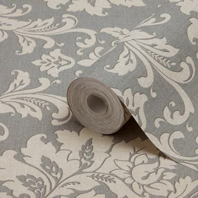 GoodHome Mire Grey Damask Woven effect Vintage Textured Wallpaper