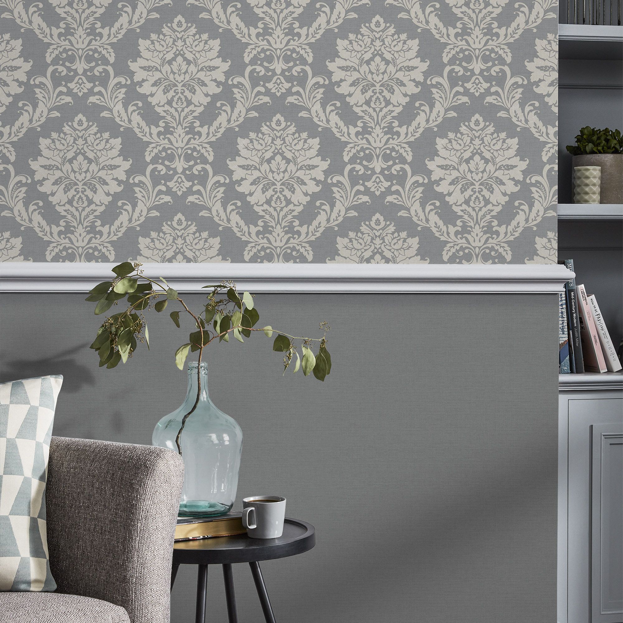 GoodHome Mire Grey Woven effect Damask Textured Wallpaper Sample