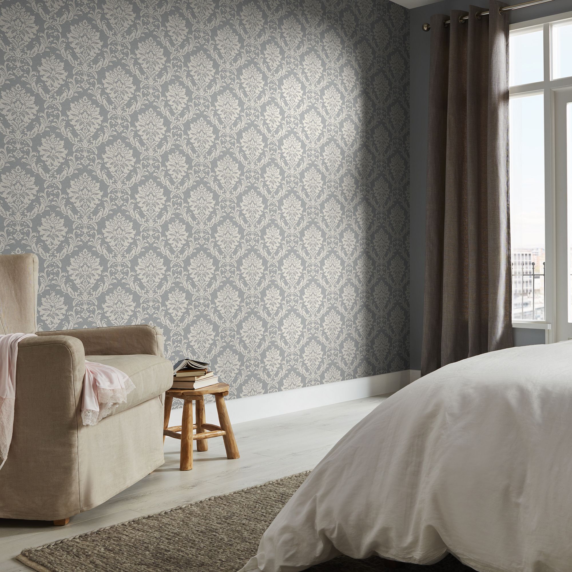 GoodHome Mire Grey Woven effect Damask Textured Wallpaper Sample