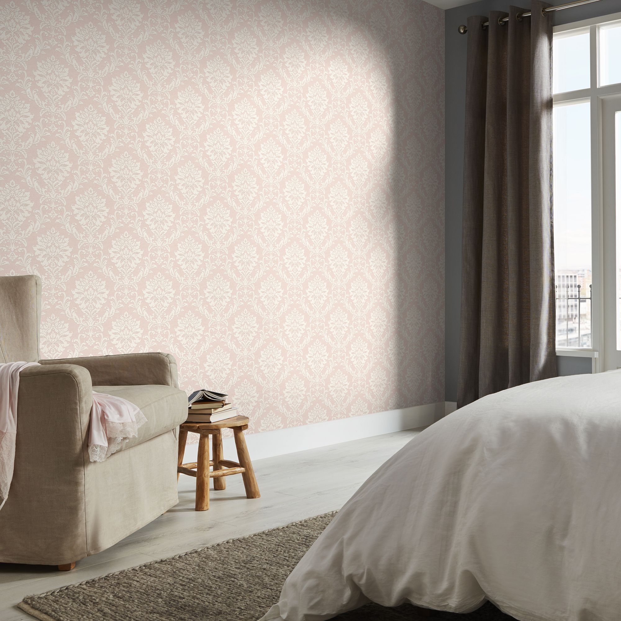 GoodHome Mire Peach Woven effect Damask Textured Wallpaper Sample