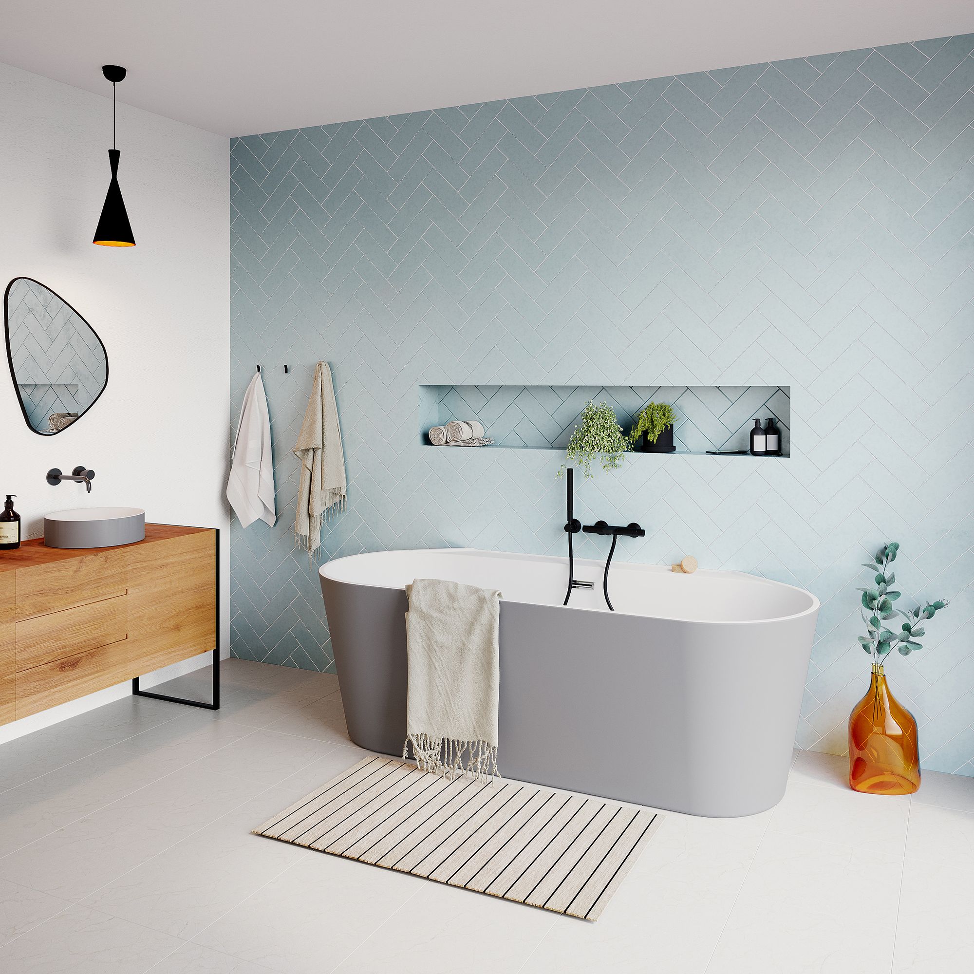 GoodHome Nakina Matt Grey D-shaped Left or right-handed Back to wall Double ended Bath with 0 Tap holes (L)170cm (W)75cm