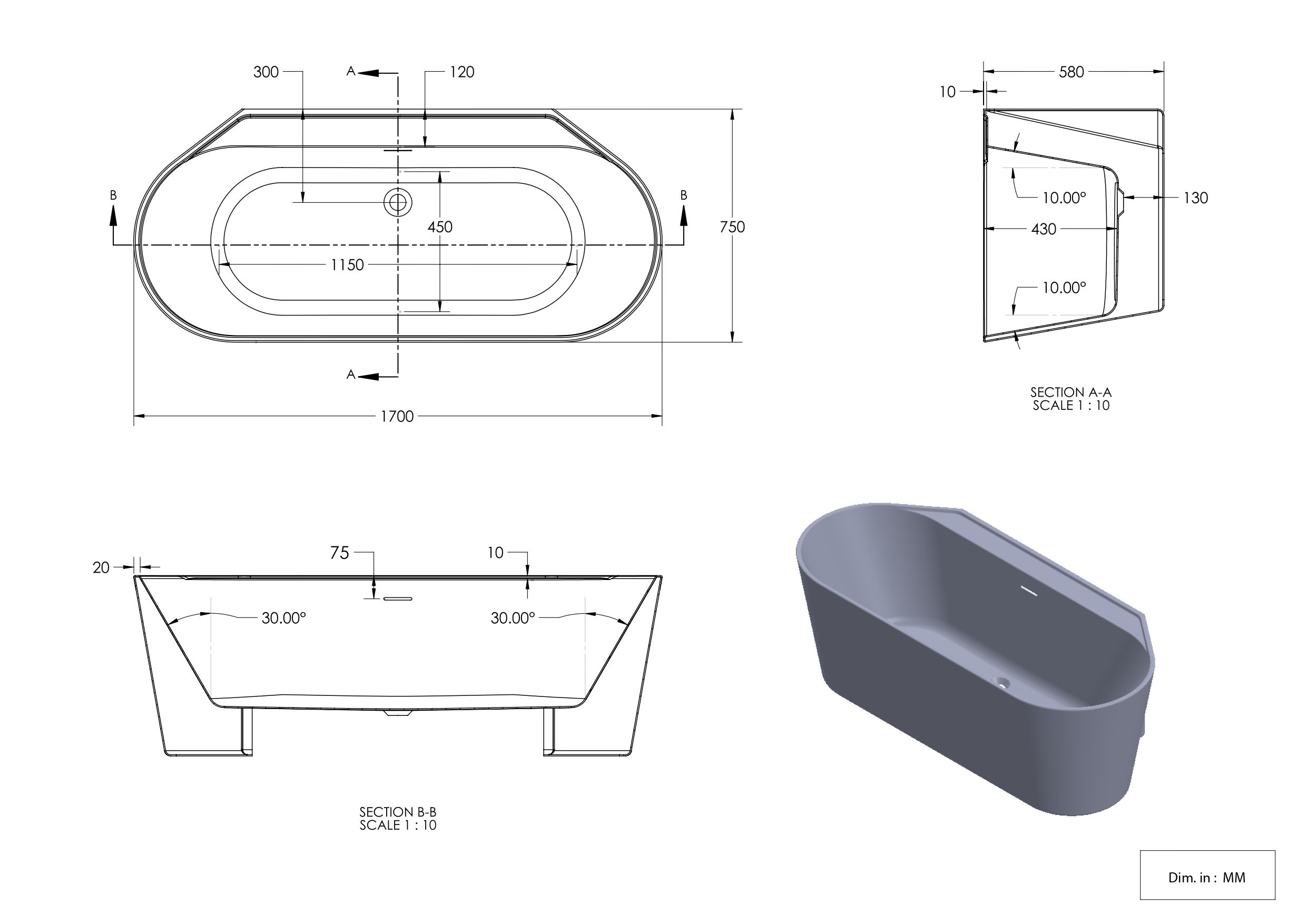 GoodHome Nakina Matt Grey D-shaped Left or right-handed Back to wall Double ended Bath with 0 Tap holes (L)170cm (W)75cm