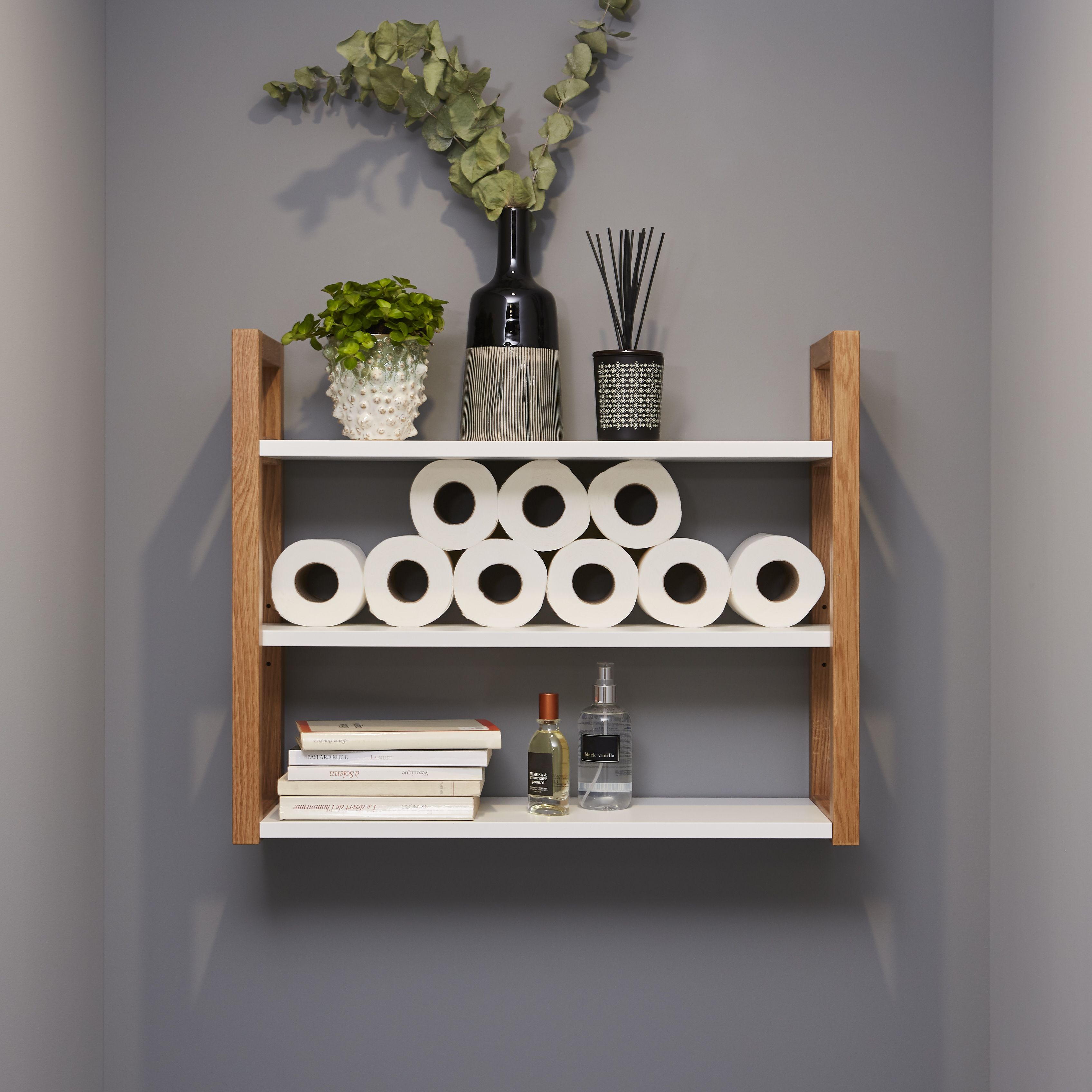 GoodHome Nantua Matt Natural & White Oak effect Wall-mounted 3 Shelves Storage unit (D) 200mm (H) 530mm