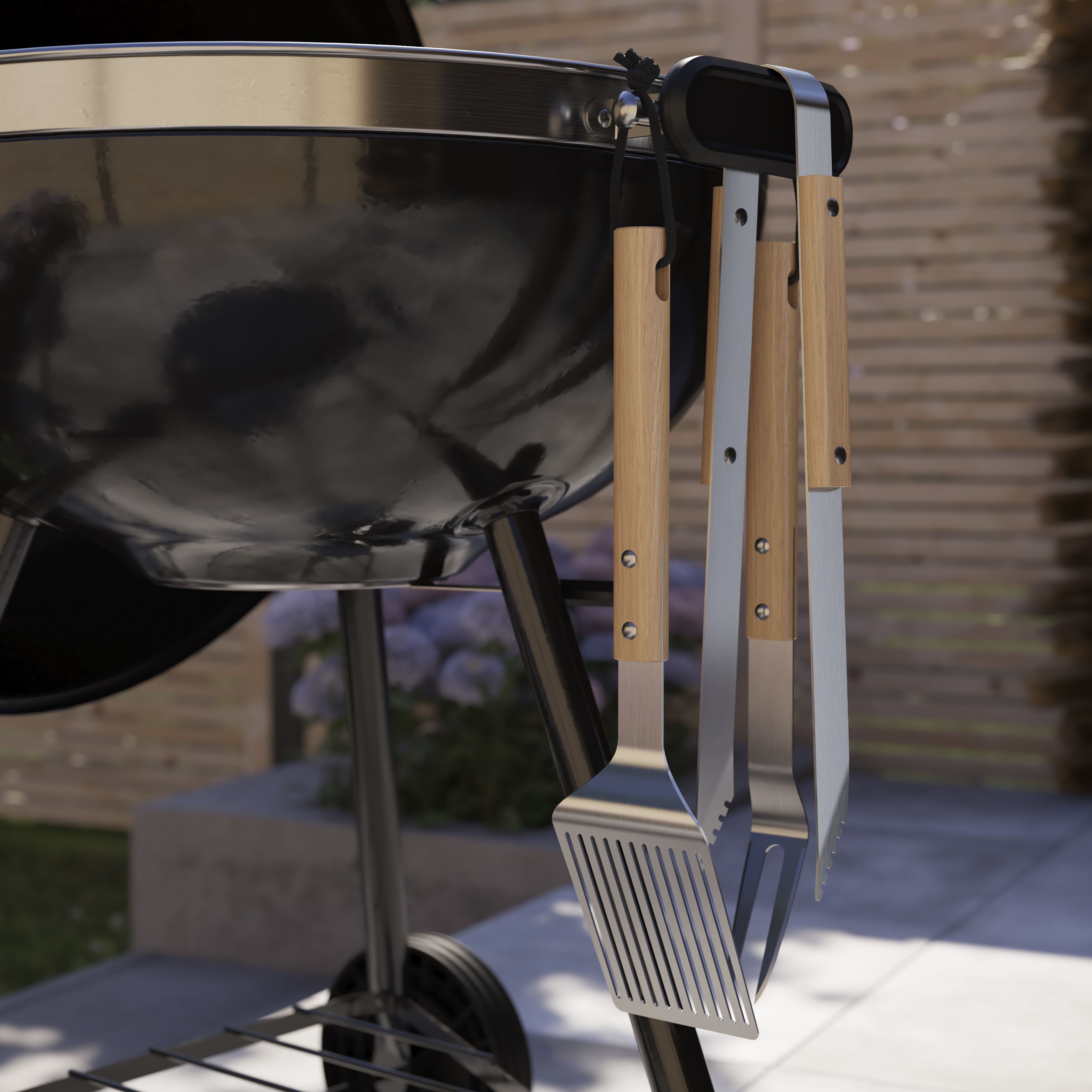 GoodHome Natural Beech & stainless steel 4 piece Barbecue tool set