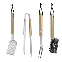 GoodHome Natural Beech & stainless steel 4 piece Barbecue tool set