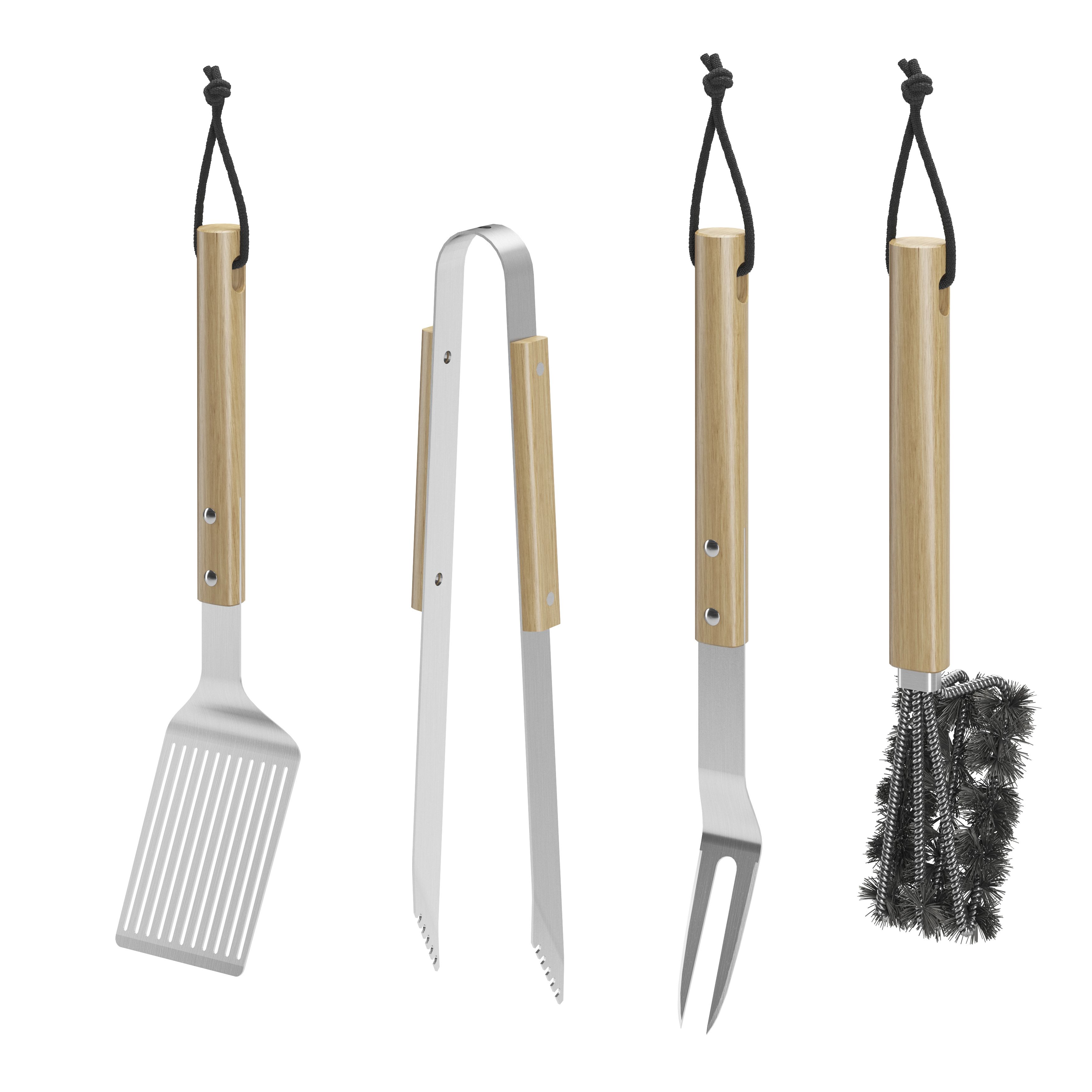 GoodHome Natural Beech & stainless steel 4 piece Barbecue tool set