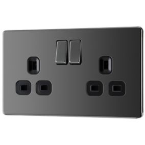 GoodHome Nickel effect Double 13A Gloss Black Socket 2 poles