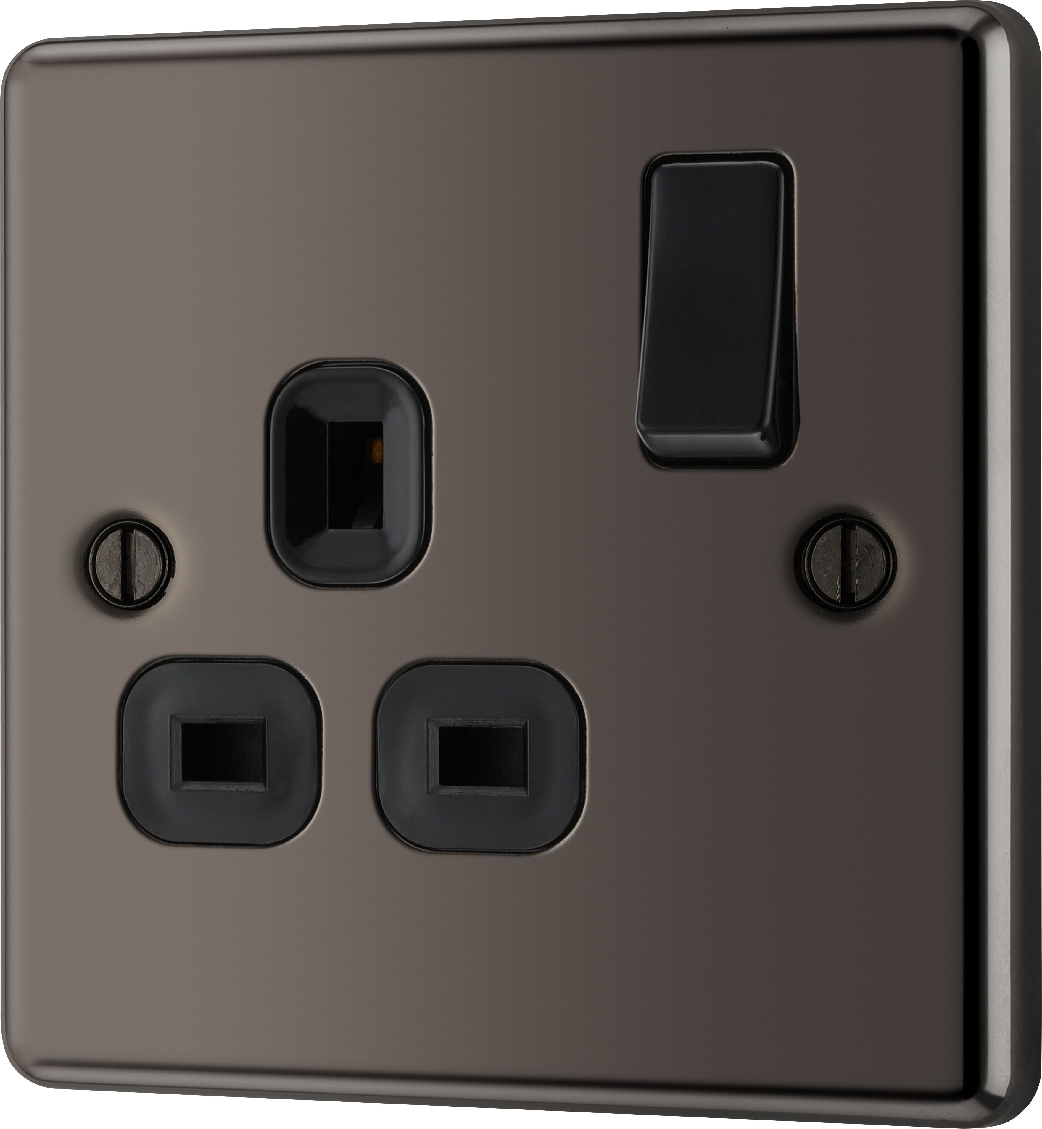 GoodHome Nickel effect Single 13A Gloss Black Socket 1 pole