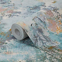 GoodHome Nivosa Teal Plaster effect Coloured concrete Embossed Wallpaper