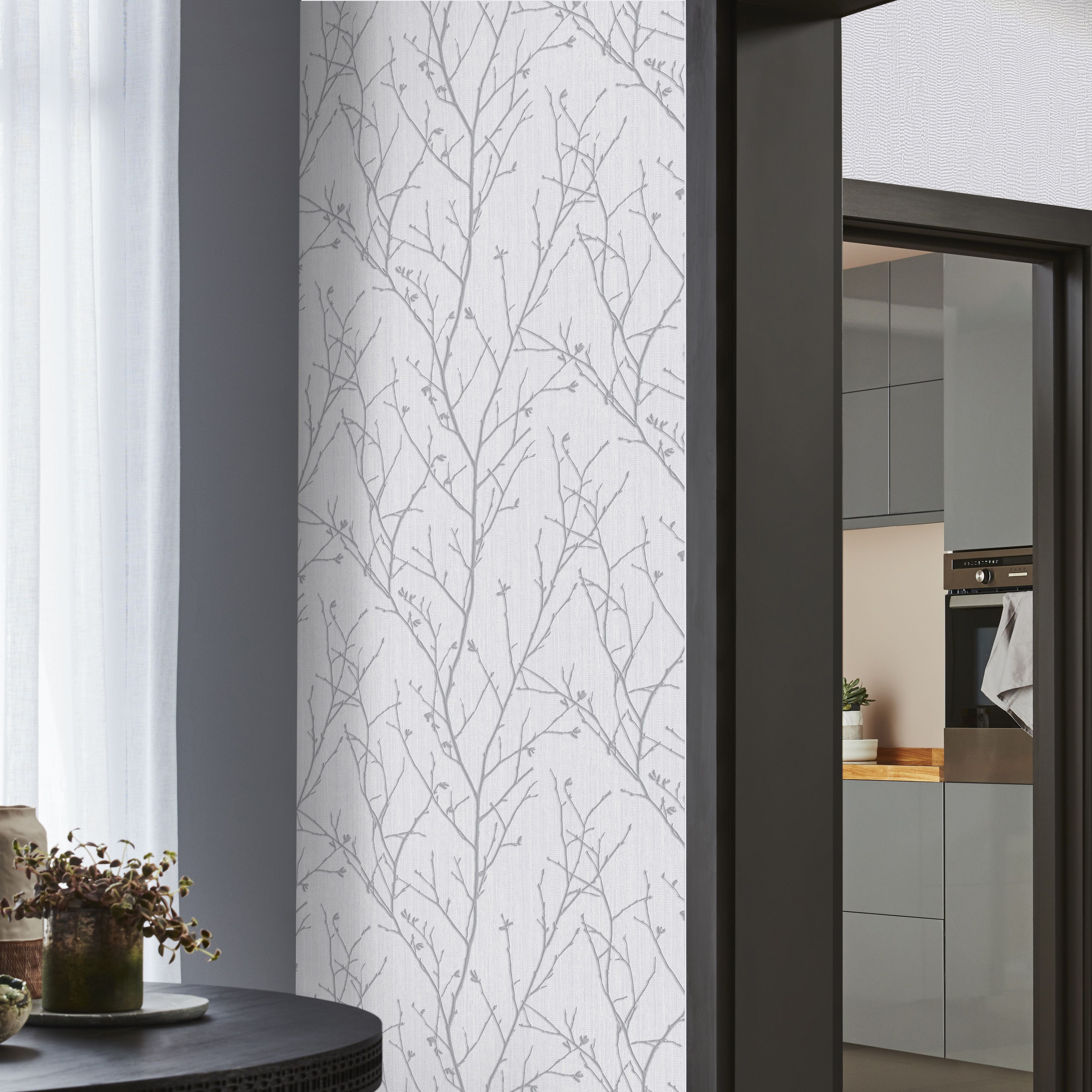 GoodHome Obetia Grey Silver effect Tree Smooth Wallpaper
