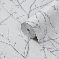 GoodHome Obetia Grey Tree Silver effect Smooth Wallpaper